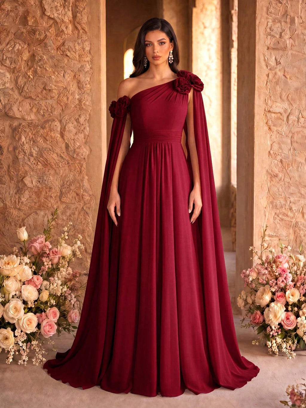 SUPGIR Asymmetrical Neck Floral Decor Long Flounce Waist Maxi Chiffon Dress, Bridesmaid Dress Wedding Elegant - image 20