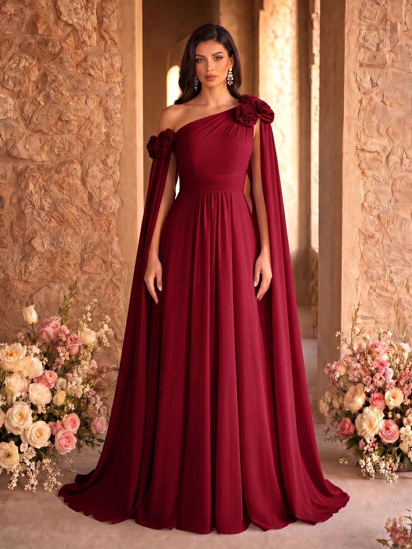 SUPGIR Asymmetrical Neck Floral Decor Long Flounce Waist Maxi Chiffon Dress, Bridesmaid Dress Wedding Elegant - image 20