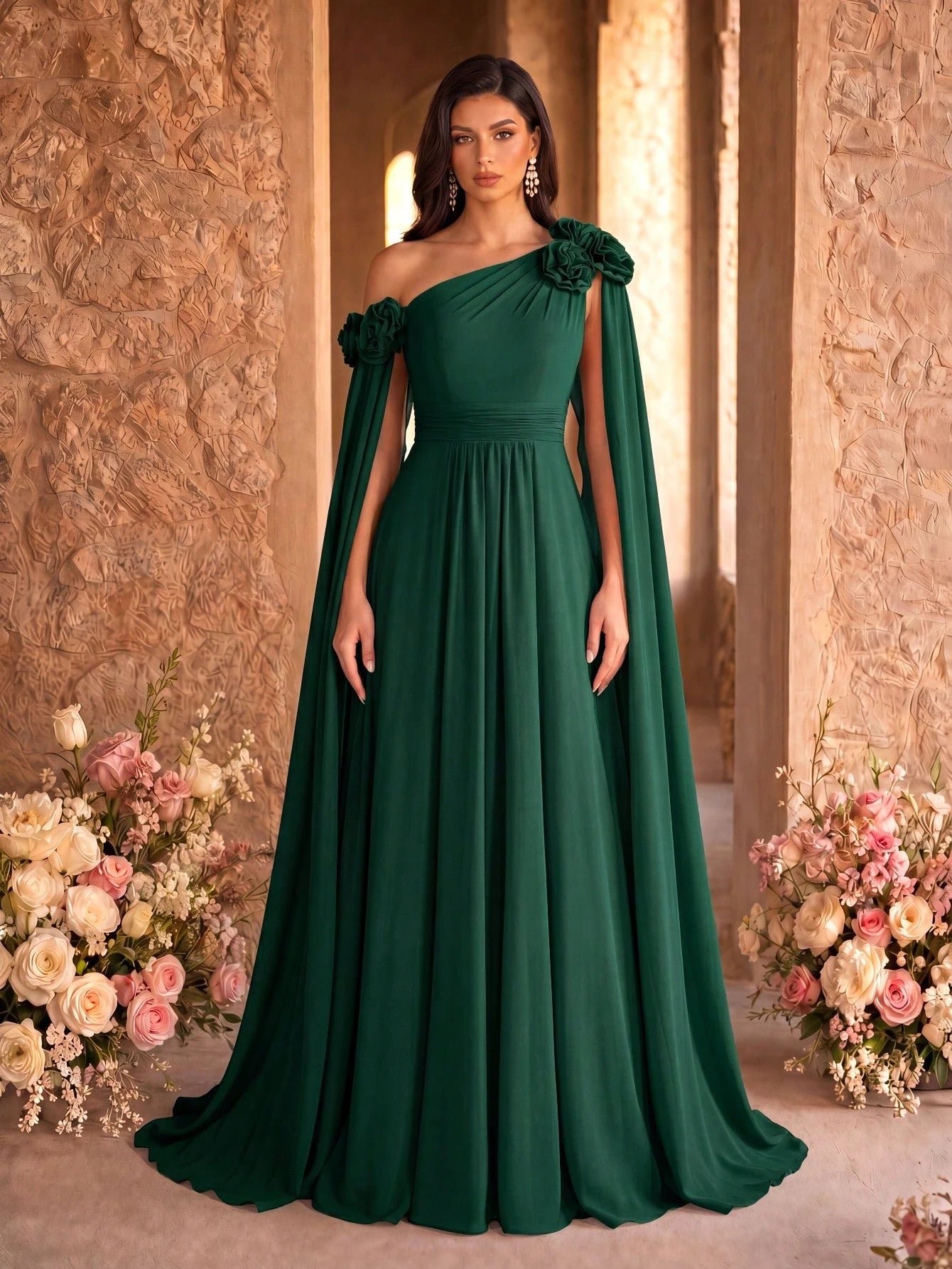 SUPGIR Asymmetrical Neck Floral Decor Long Flounce Waist Maxi Chiffon Dress, Bridesmaid Dress Wedding Elegant - image 15