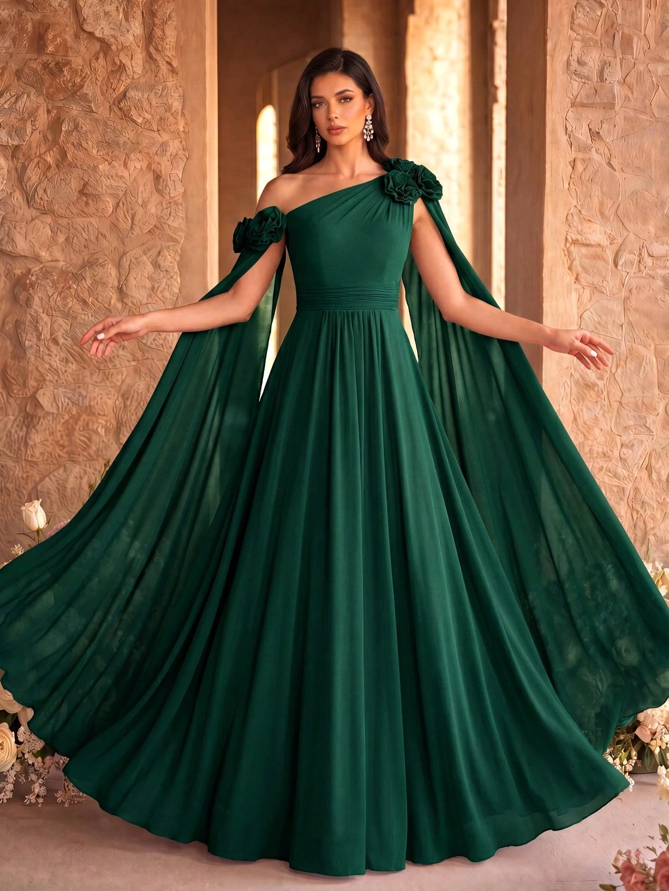 SUPGIR Asymmetrical Neck Floral Decor Extra Long Draped Waist Pleat Chiffon Dress, Bridesmaid Dress Wedding - image 9