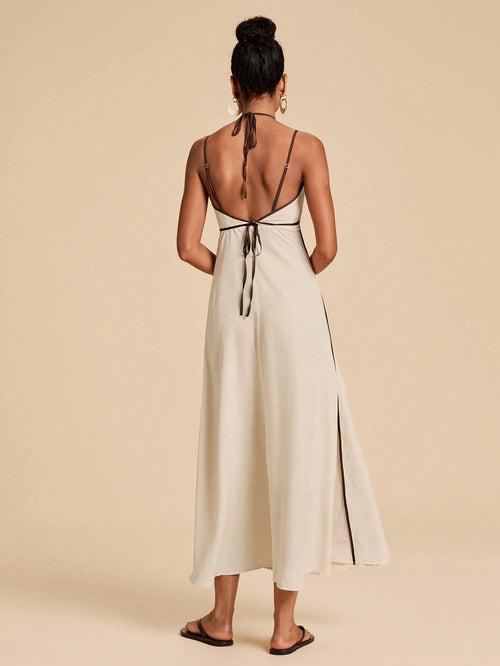 Travachic Elegant Contrast Trim Backless Camisole Dress Vacation Red And White Stripe Summer - image 2