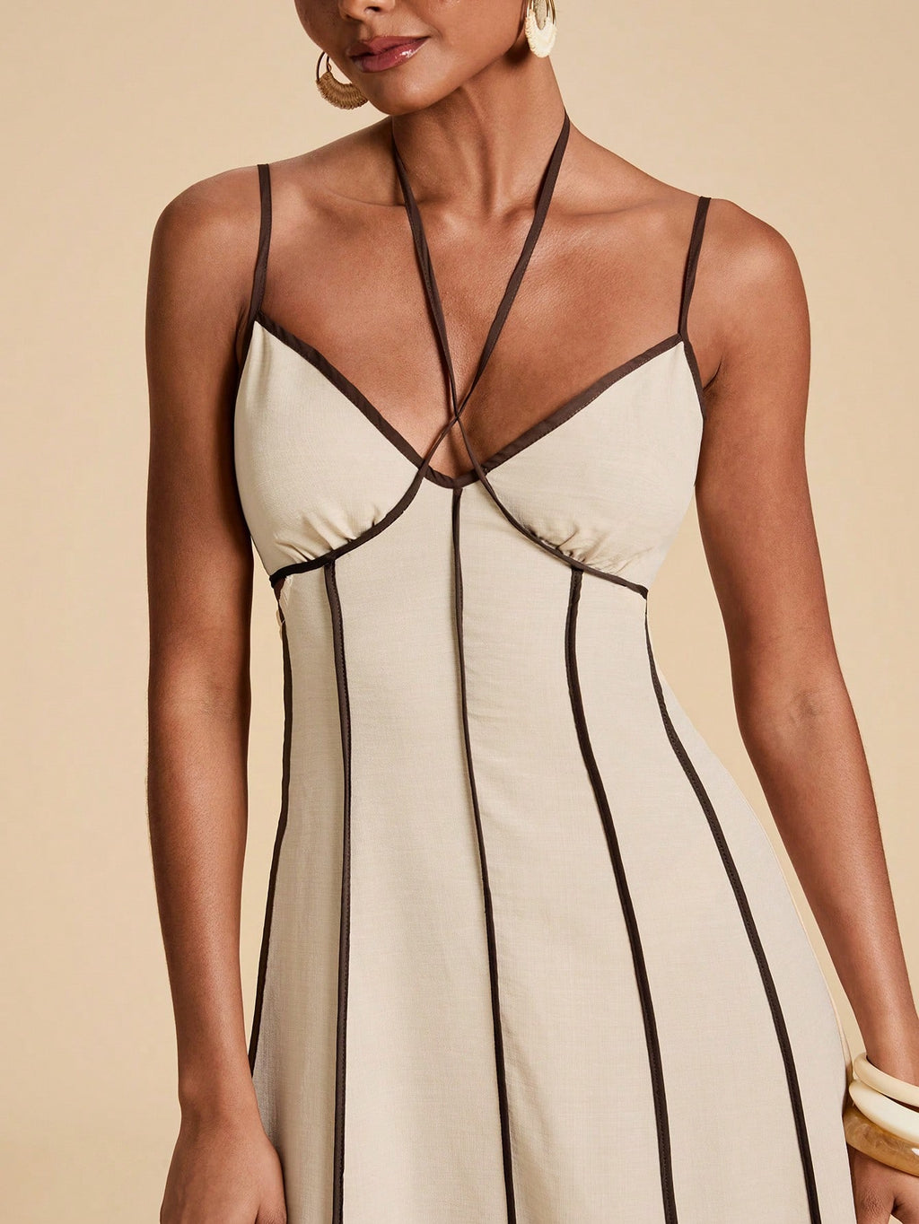 Travachic Elegant Contrast Trim Backless Camisole Dress Vacation Red