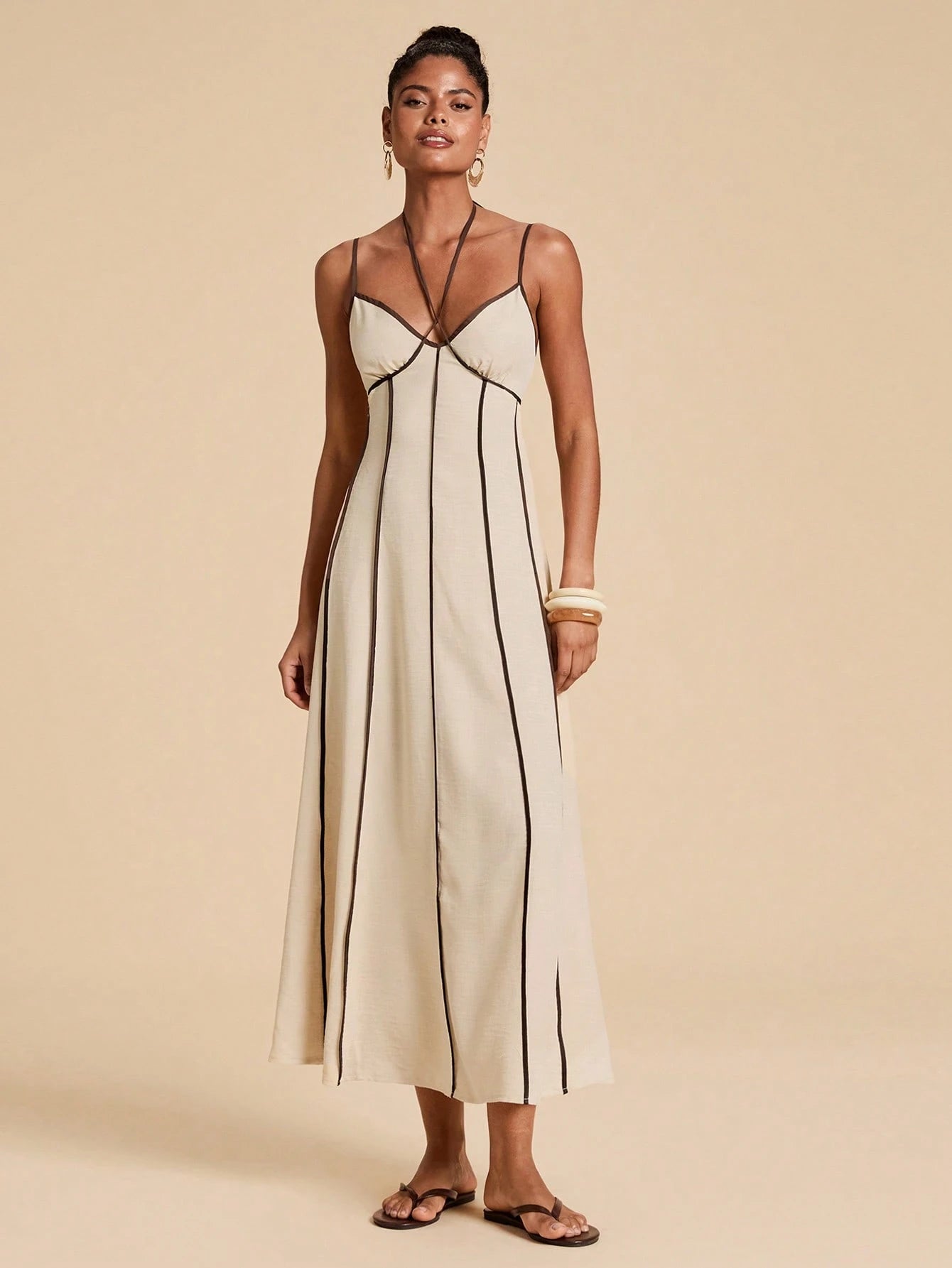 Travachic Elegant Contrast Trim Backless Camisole Dress Vacation Red