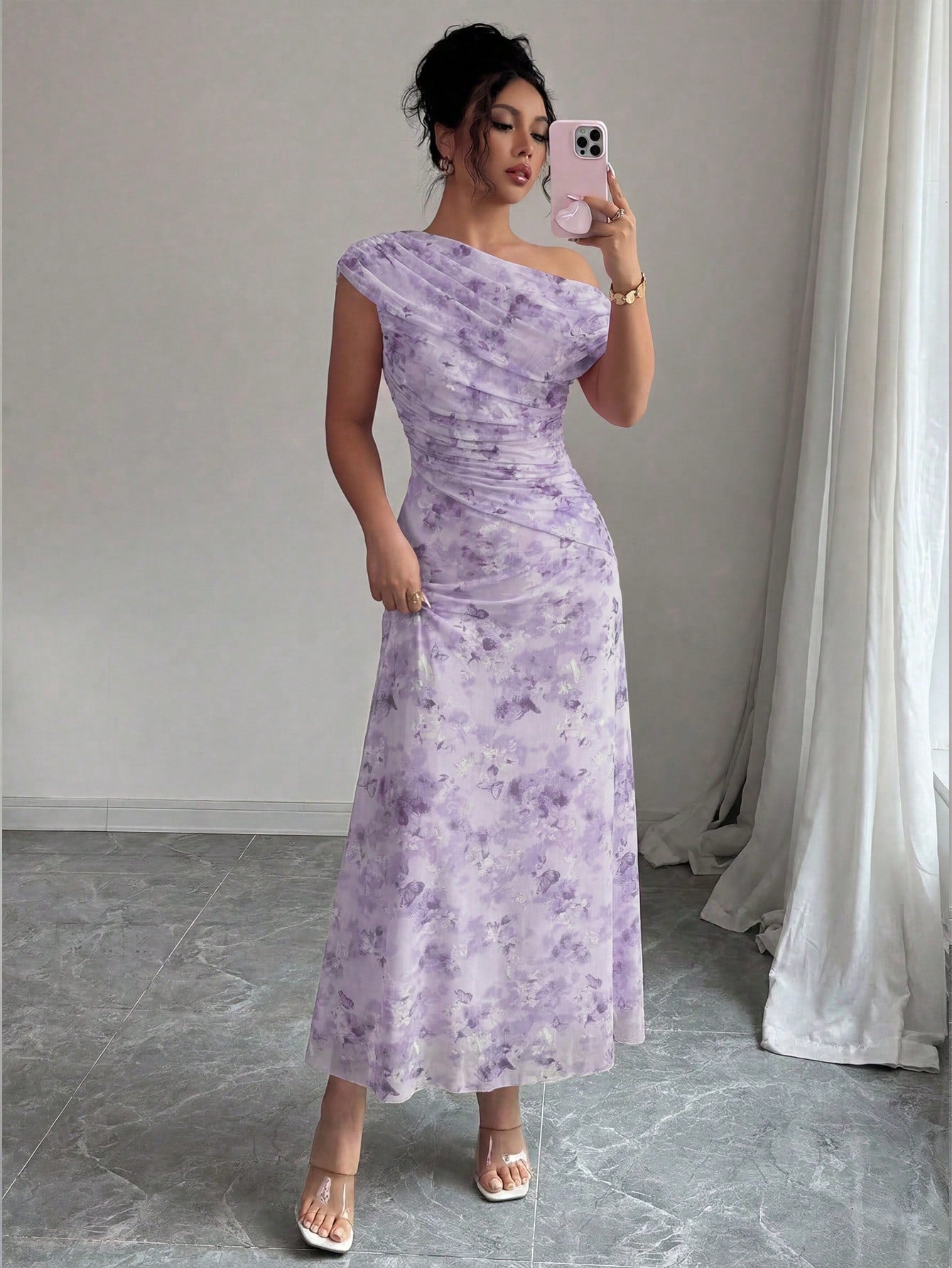 Modelyn Floral & Butterfly Print Mesh Asymmetric Ruffle Romantic