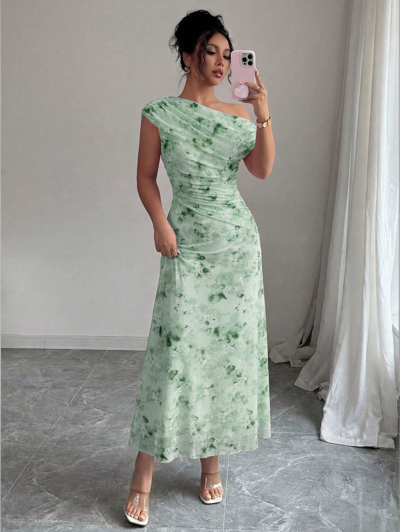 Modelyn Floral & Butterfly Print Mesh Asymmetric Ruffle Romantic