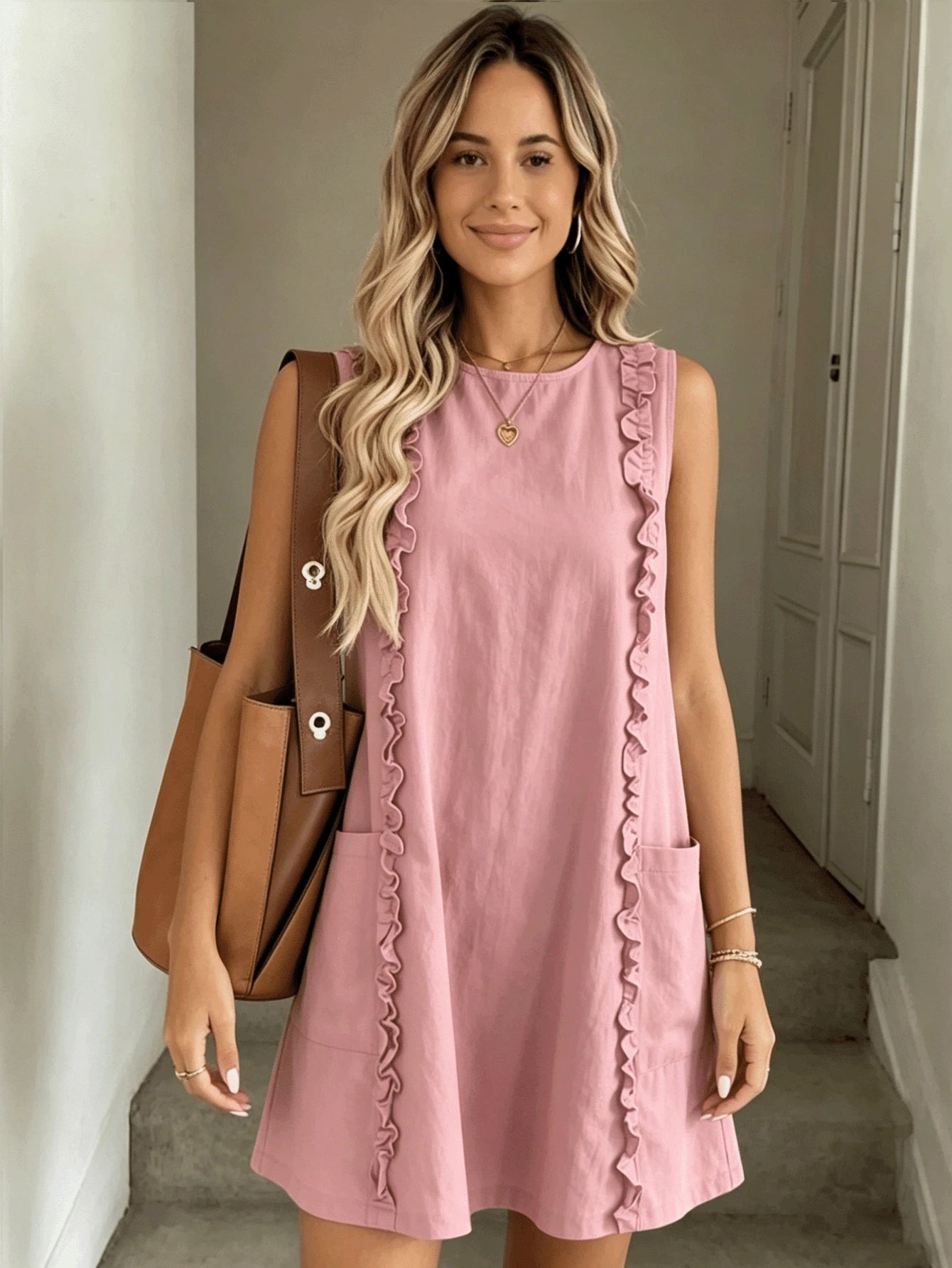 2026 Women's Casual Sleeveless Ruffle Mini Dress, Round Neck Loose