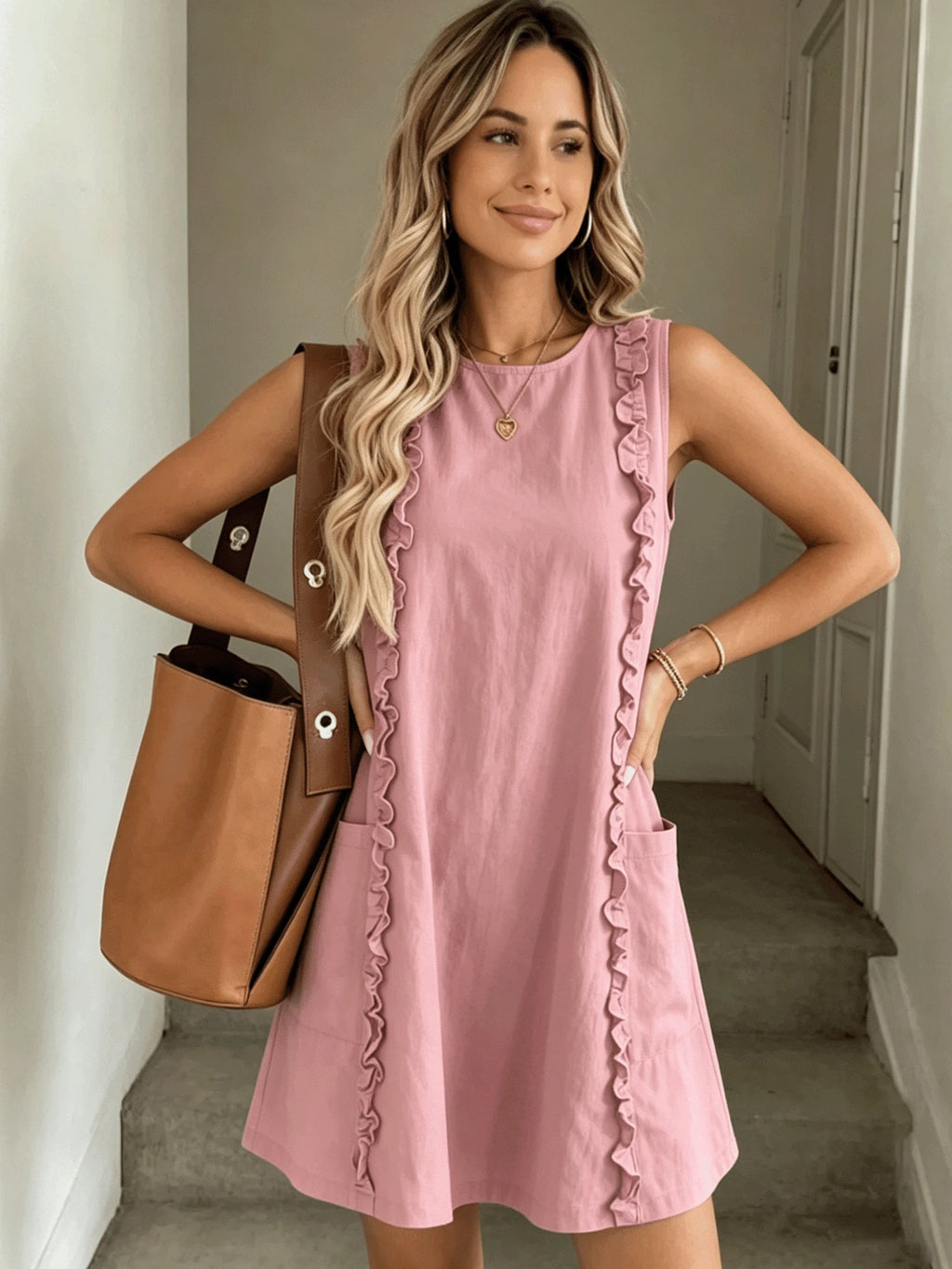 2026 Women's Casual Sleeveless Ruffle Mini Dress, Round Neck Loose