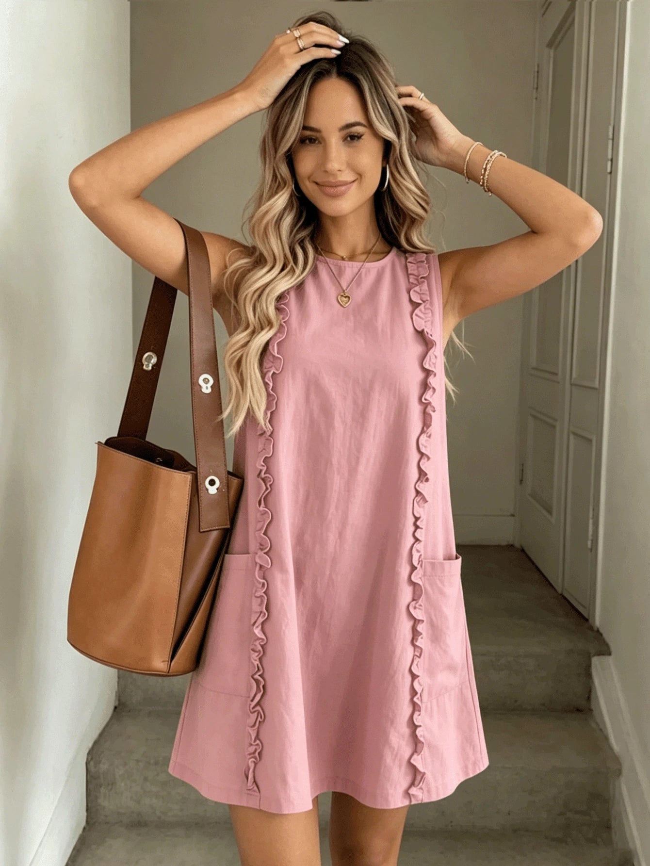 2026 Women's Casual Sleeveless Ruffle Mini Dress, Round Neck Loose A-Line Fit Side Pockets Summer Daily Wear - image 4