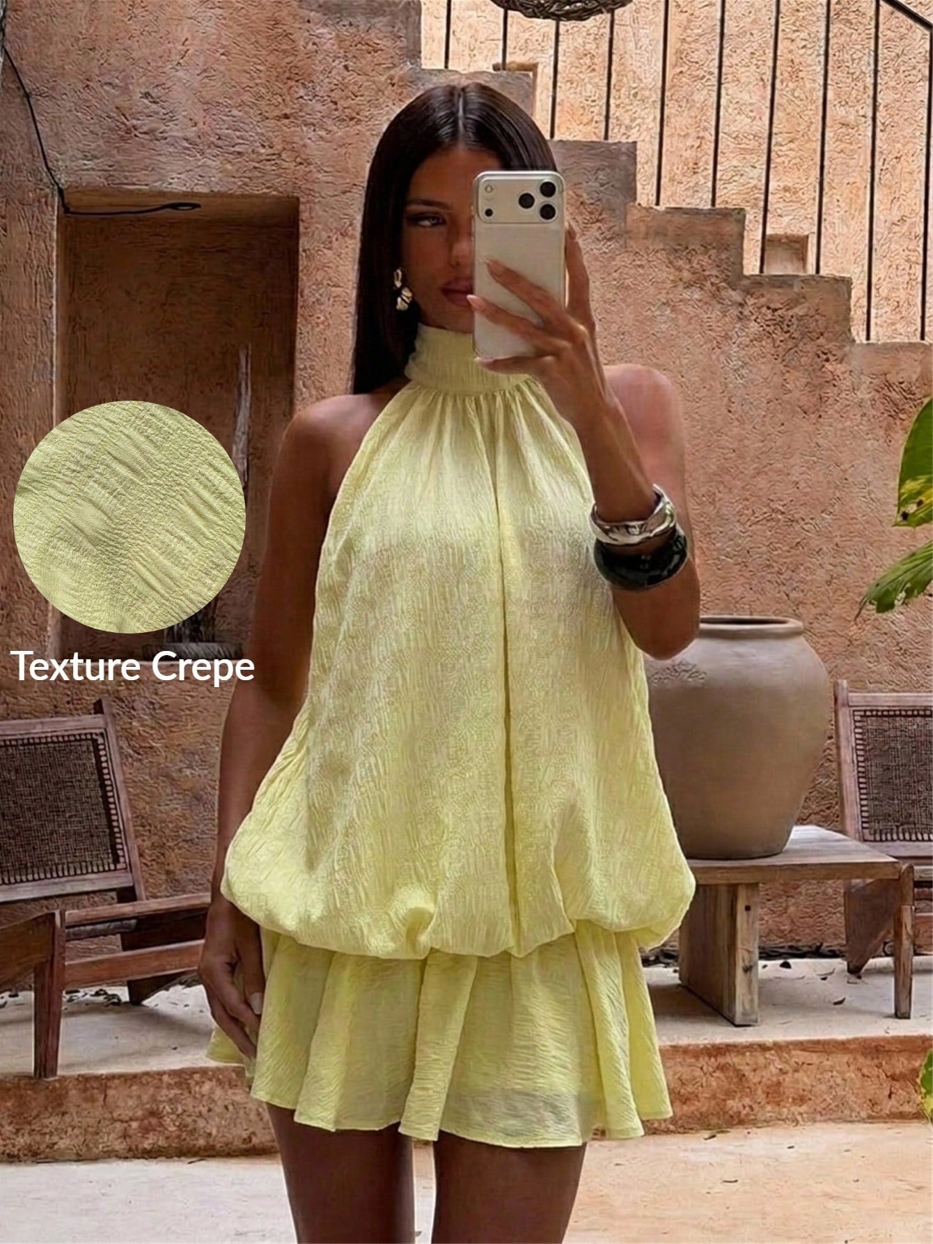 Aloruh Women's Elegant Pale Yellow Halter Tie Mini Dress, Suitable