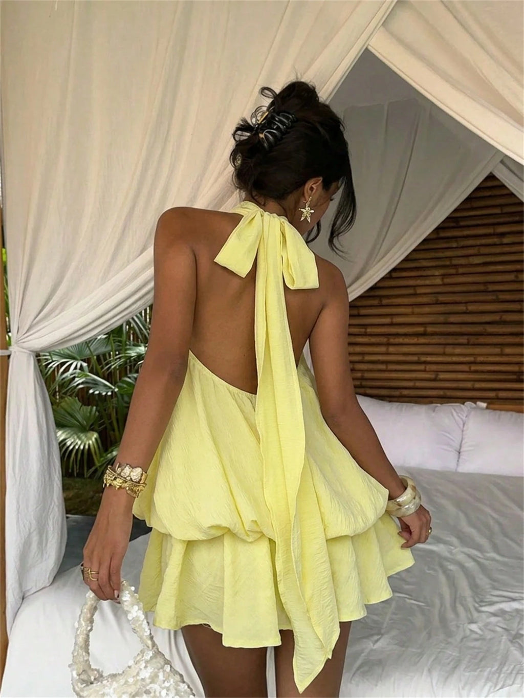 Aloruh Women's Elegant Pale Yellow Halter Tie Mini Dress, Suitable