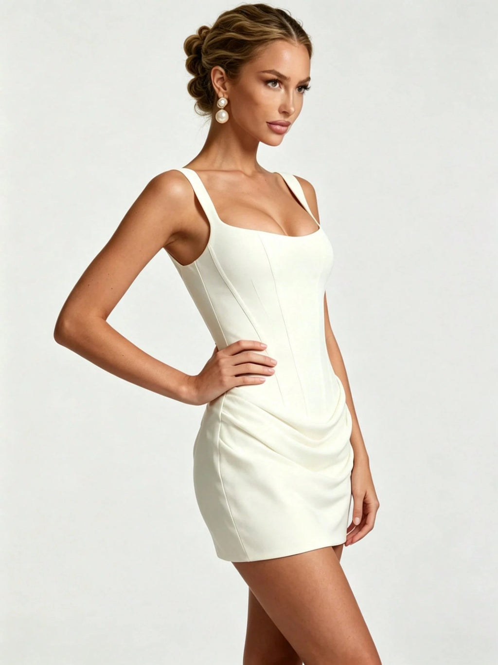 Women's Square Neck Cami Mini Dress, Cinched Waist, Draped Ruched