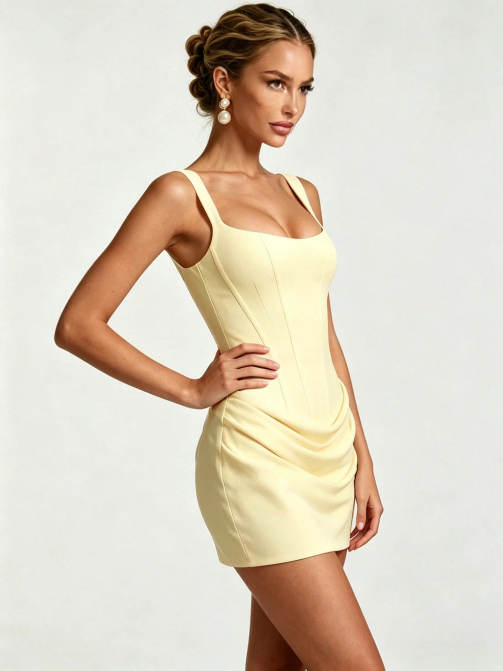 Women's Square Neck Cami Mini Dress, Cinched Waist, Draped Ruched