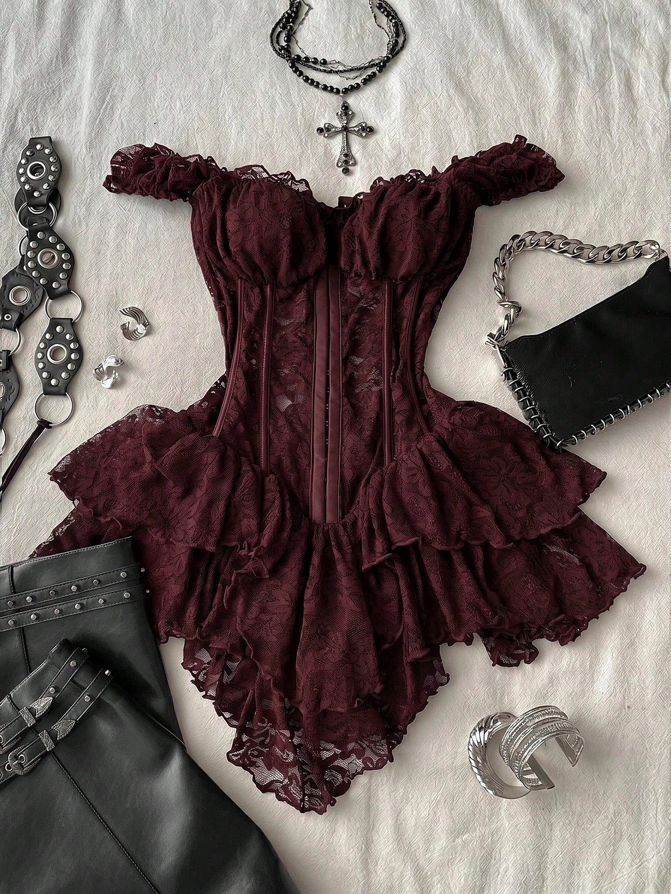 Attitoon Women's Casual Vintage Corset Lace Fitted Asymmetrical Hem