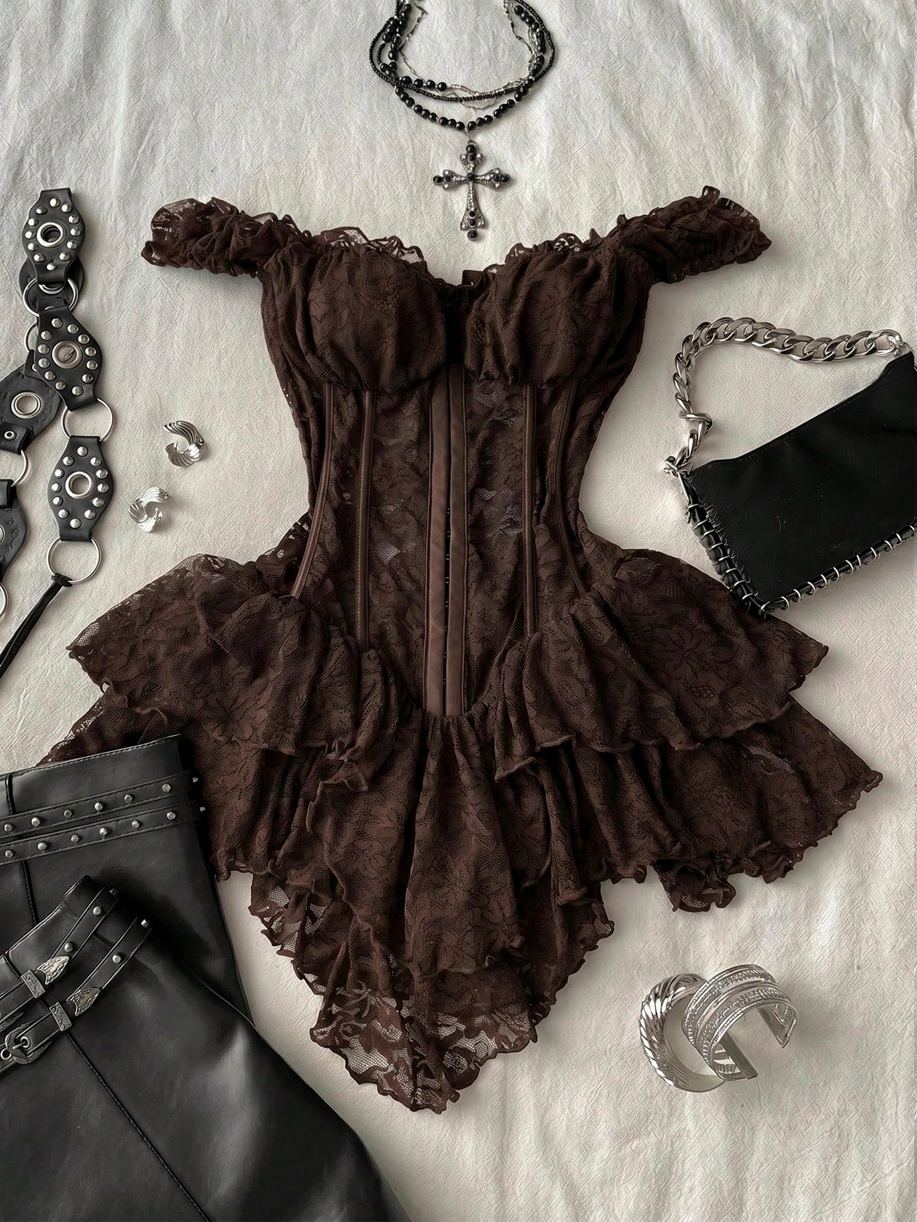 Attitoon Women's Casual Vintage Corset Lace Fitted Asymmetrical Hem