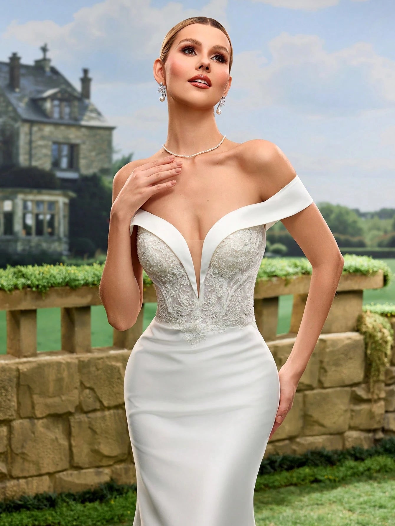 Elegant Off-Shoulder Lace Decorated Satin Mermaid Wedding Dress, White Bridal Gown With Flared Skirt And Train - image 5