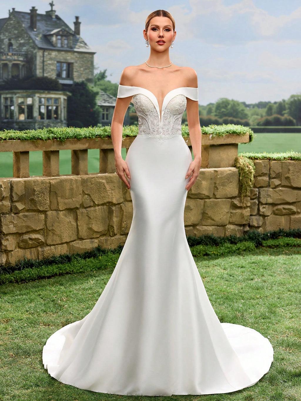 Elegant Off-Shoulder Lace Decorated Satin Mermaid Wedding Dress, White Bridal Gown With Flared Skirt And Train - image 2