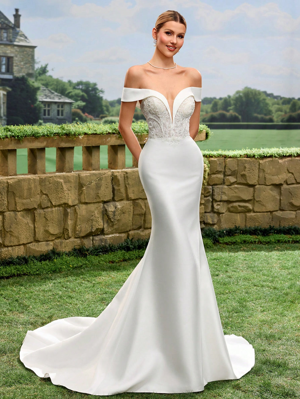 Elegant Off-Shoulder Lace Decorated Satin Mermaid Wedding Dress, White Bridal Gown With Flared Skirt And Train - image 7