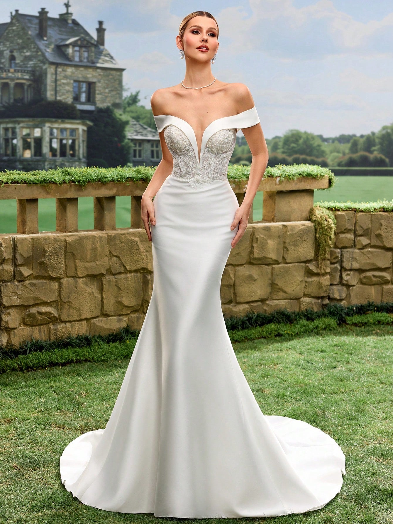 Elegant Off-Shoulder Lace Decorated Satin Mermaid Wedding Dress, White Bridal Gown With Flared Skirt And Train - image 4