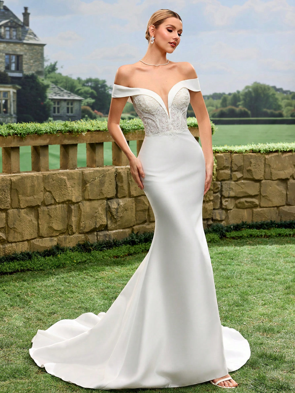 Elegant Off-Shoulder Lace Decorated Satin Mermaid Wedding Dress, White Bridal Gown With Flared Skirt And Train - image 8