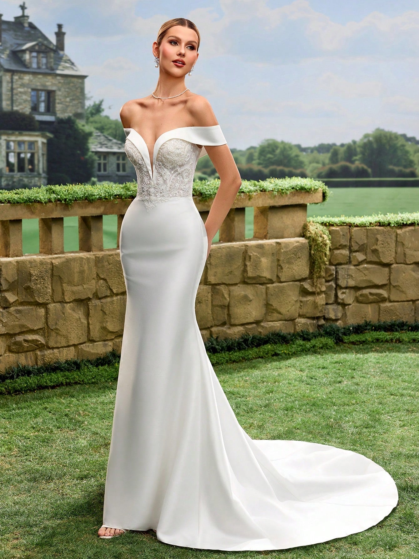 Elegant Off-Shoulder Lace Decorated Satin Mermaid Wedding Dress, White Bridal Gown With Flared Skirt And Train - image 10