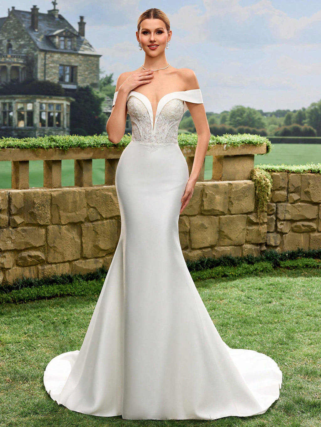 Elegant Off-Shoulder Lace Decorated Satin Mermaid Wedding Dress, White Bridal Gown With Flared Skirt And Train - image 3