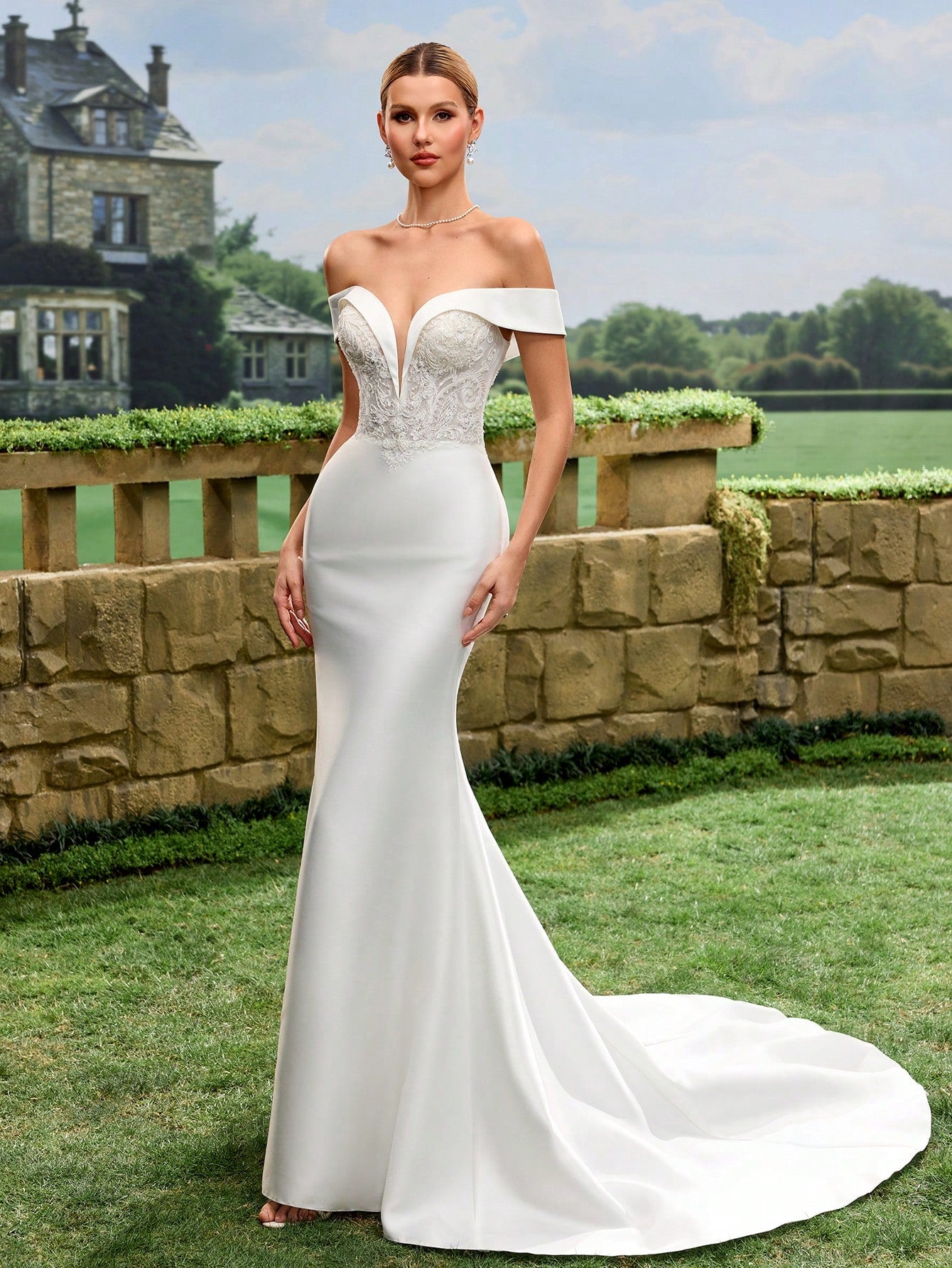Elegant Off-Shoulder Lace Decorated Satin Mermaid Wedding Dress, White Bridal Gown With Flared Skirt And Train - image 9