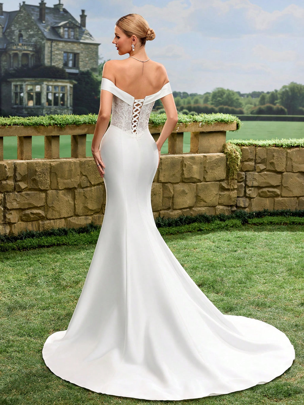 Elegant Off-Shoulder Lace Decorated Satin Mermaid Wedding Dress, White Bridal Gown With Flared Skirt And Train