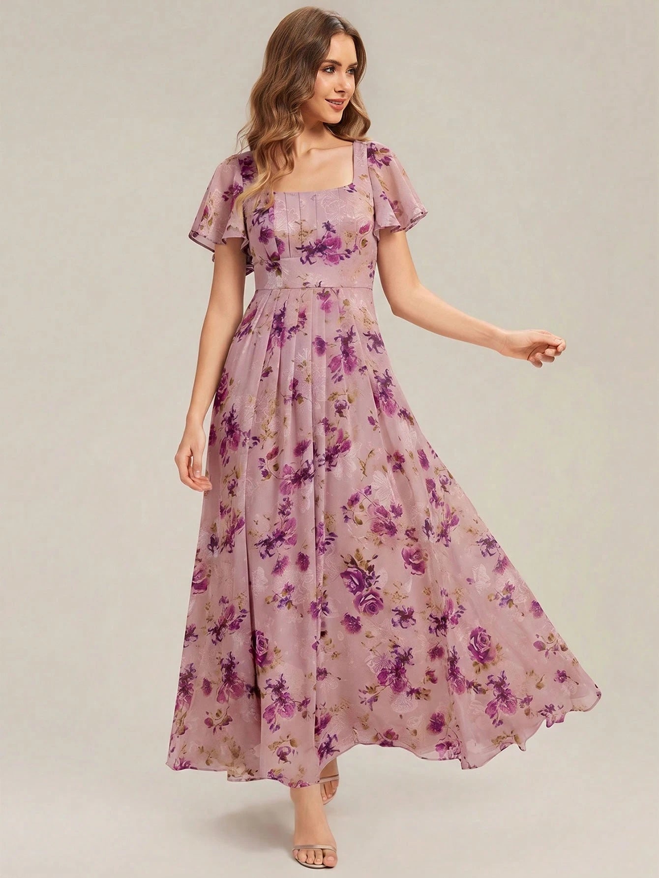 EVERPRETTY Elegant Chiffon Short Sleeve Square Neck Bridesmaid Dress,