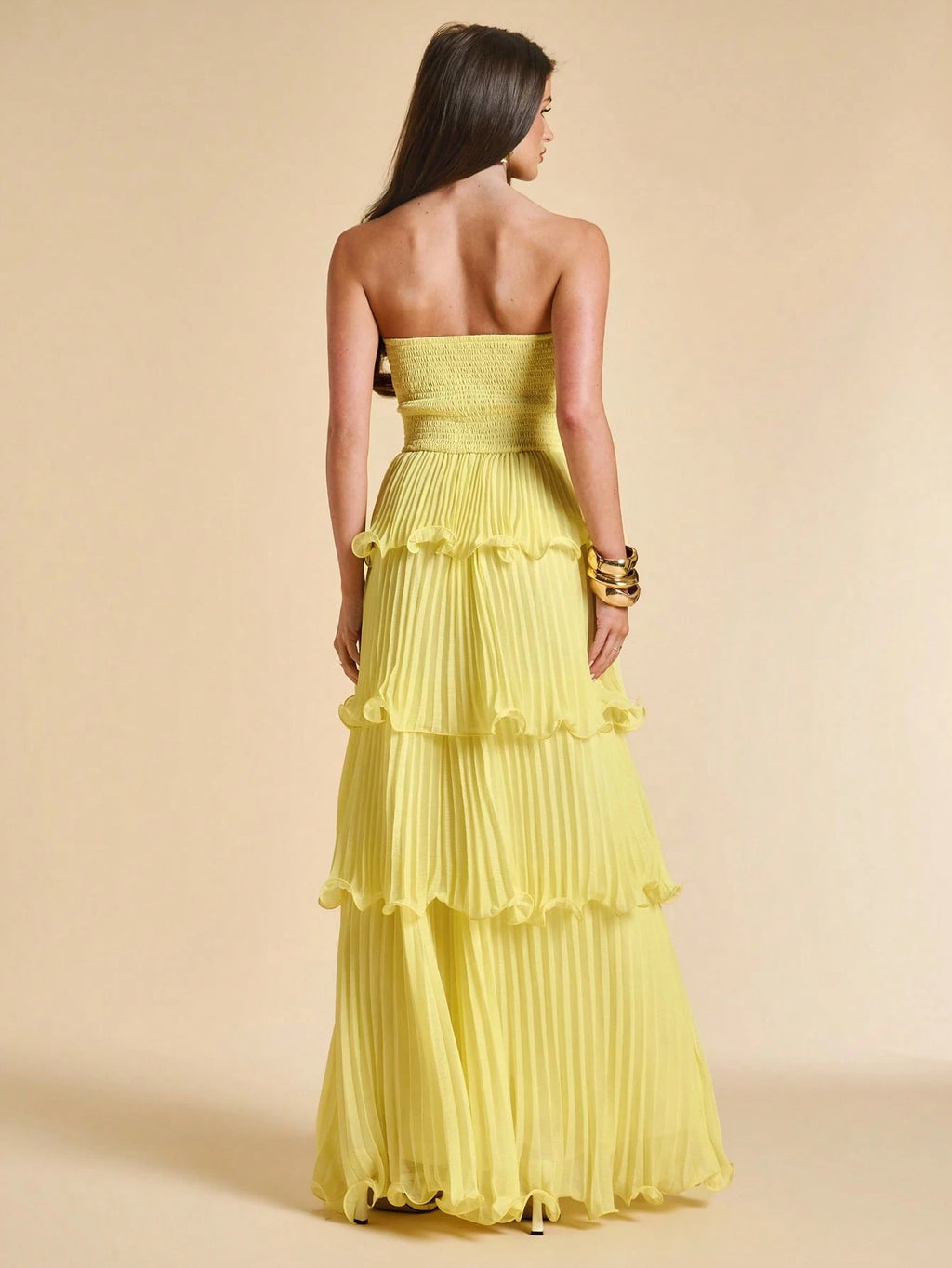 BAE Summer Solid Yellow Ruffled Dress, Elegant Ladies Sleeveless A-Line Suitable For Brunch, Bridesmaid, - image 2