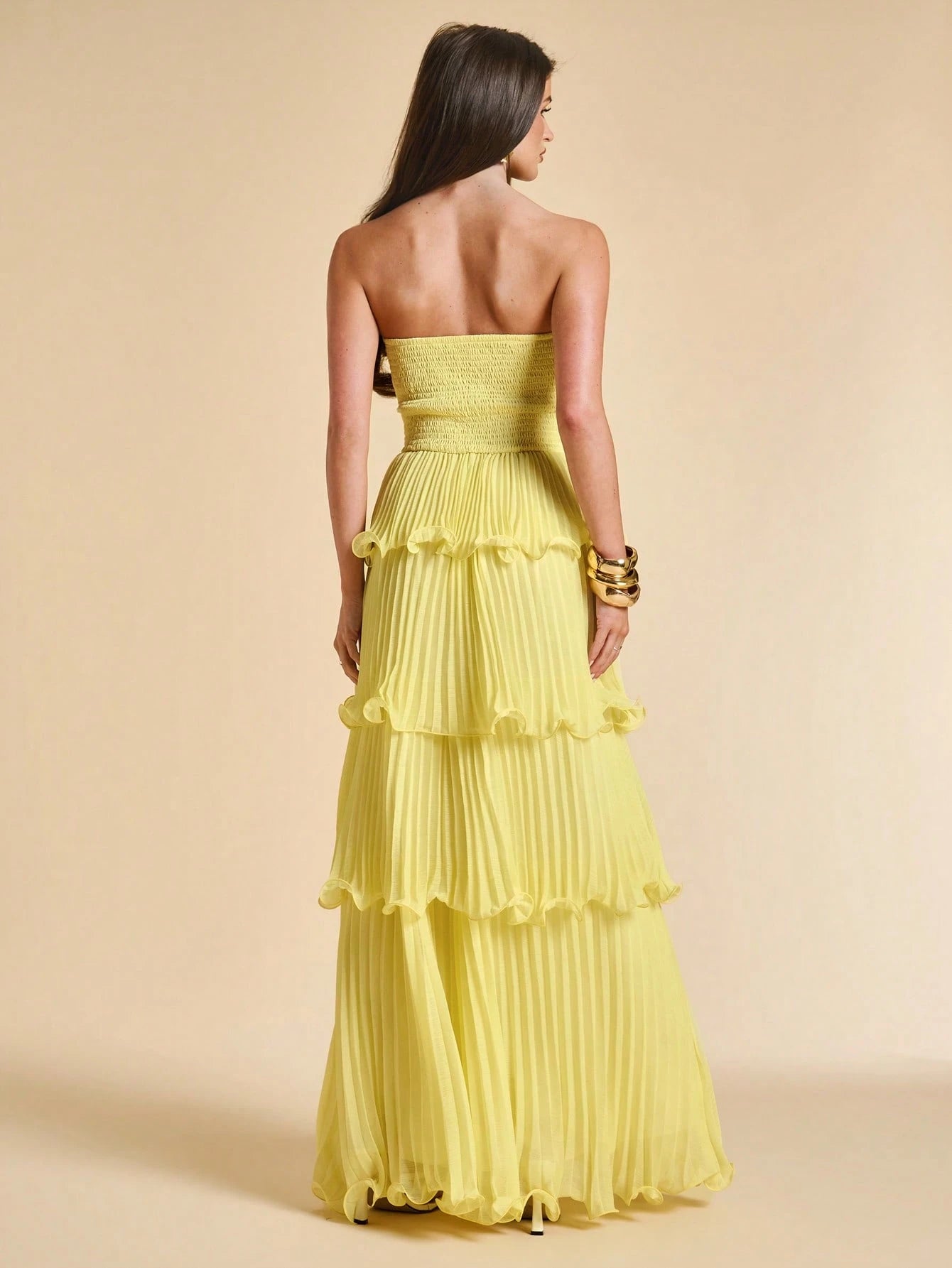 BAE Summer Solid Yellow Ruffled Dress, Elegant Ladies Sleeveless A-Line Suitable For Brunch, Bridesmaid, - image 2