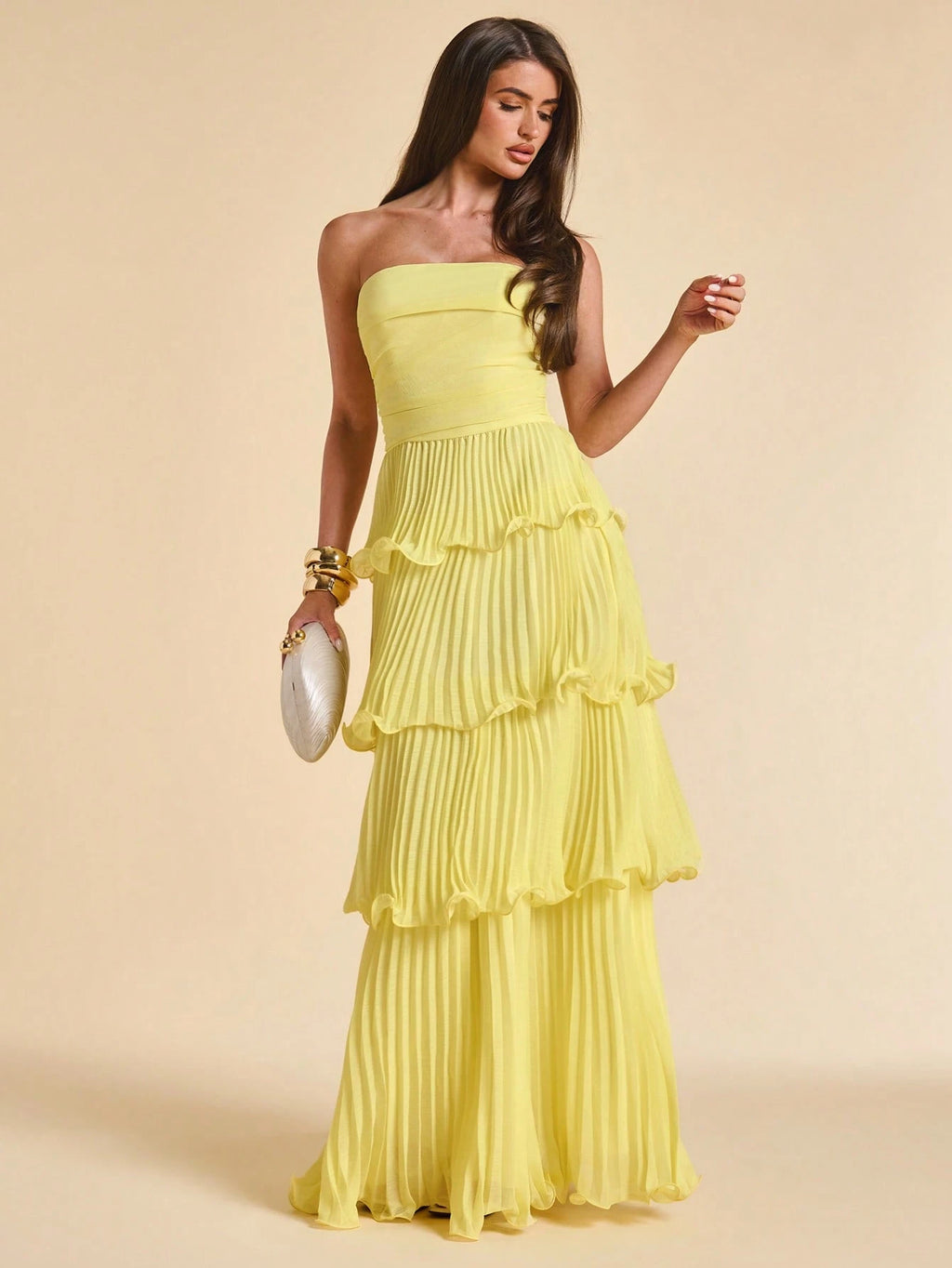 BAE Summer Solid Yellow Ruffled Dress, Elegant Ladies Sleeveless A-Line Suitable For Brunch, Bridesmaid, - image 3