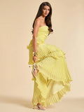 BAE Summer Solid Yellow Ruffled Dress, Elegant Ladies Sleeveless A-Line Suitable For Brunch, Bridesmaid,