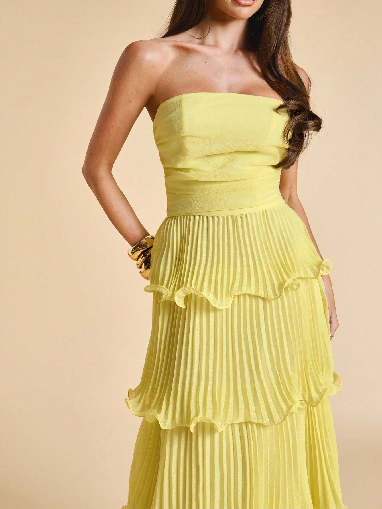 BAE Summer Solid Yellow Ruffled Dress, Elegant Ladies Sleeveless A-Line Suitable For Brunch, Bridesmaid, - image 7