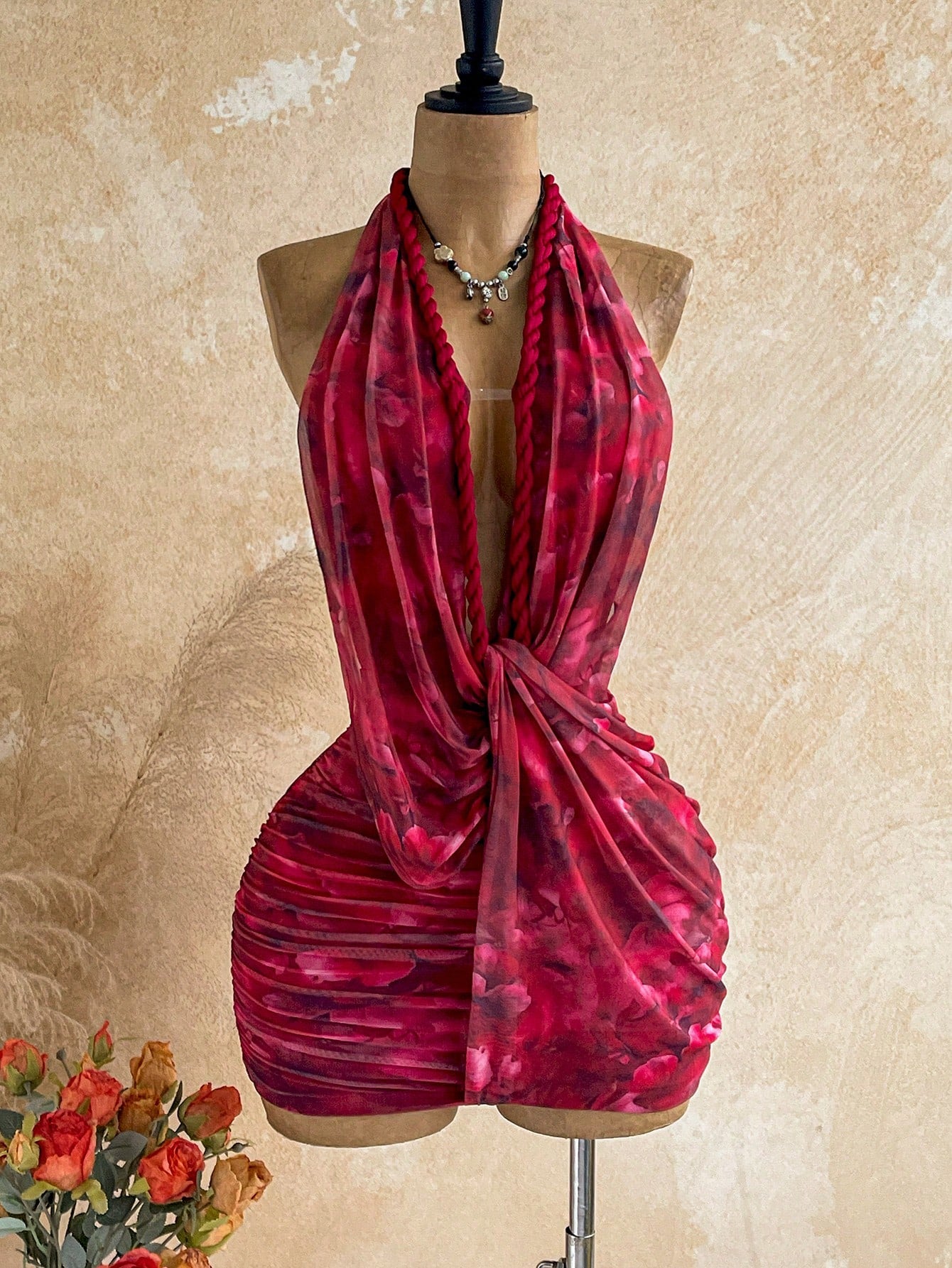 Soleia Women's Floral Print Deep V Neck Ruched Sexy Halter Mini