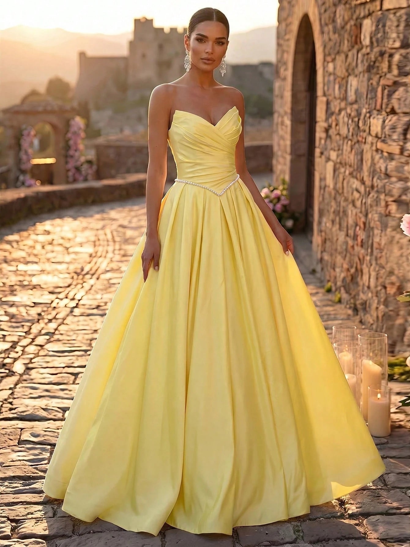 Glamrae Elegant Luxurious Satin Ruched Extra-Wide Hem Sexy Strapless Dress, Suitable For Weddings, Events, - image 8
