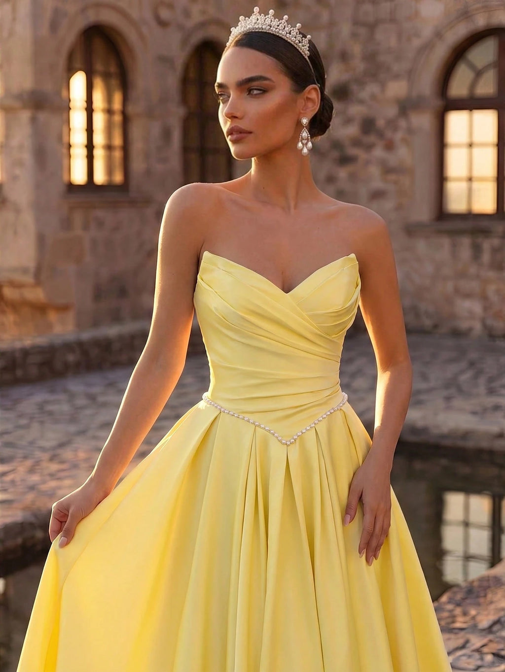 Glamrae Elegant Luxurious Satin Ruched Extra-Wide Hem Sexy Strapless Dress, Suitable For Weddings, Events, - image 9