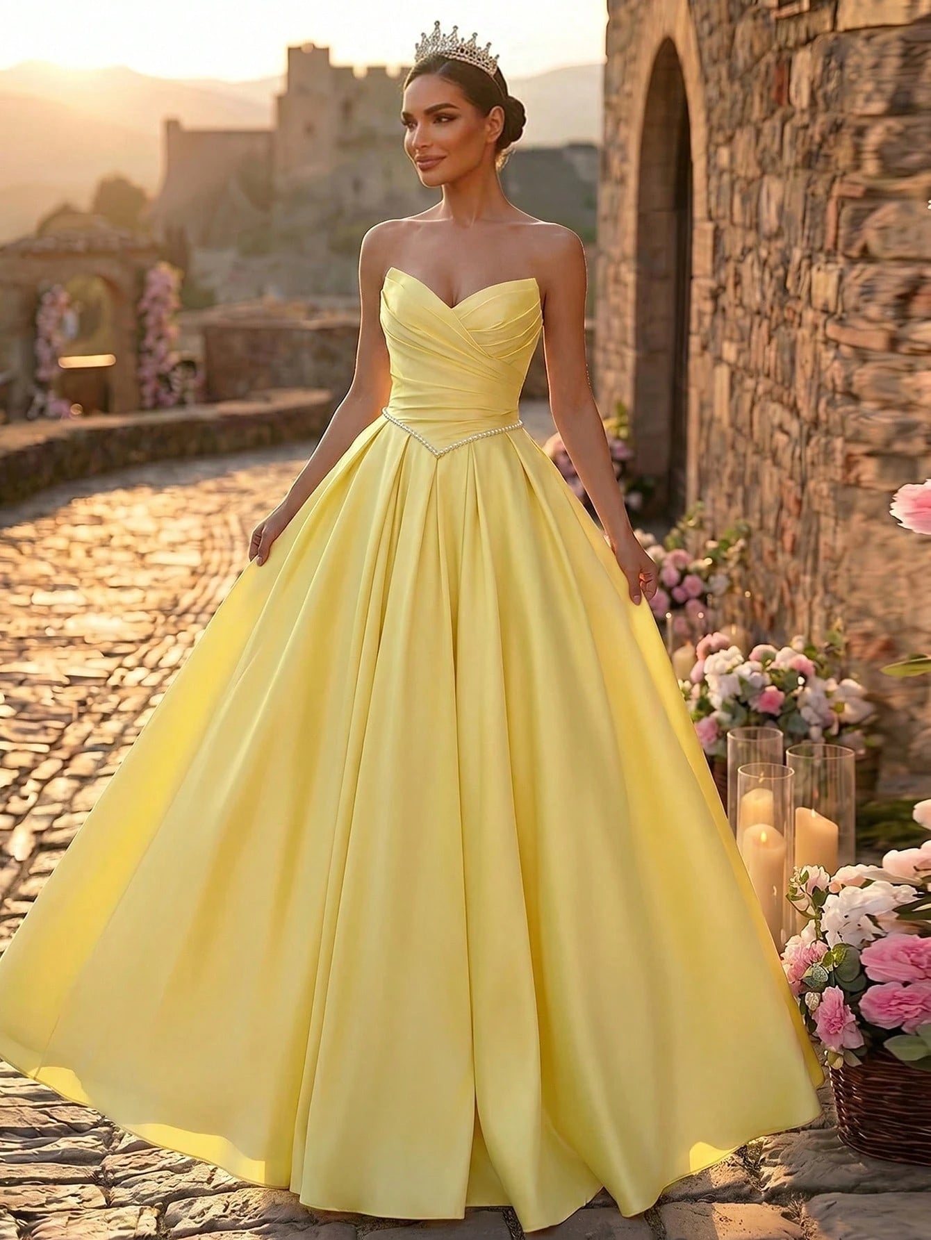 Glamrae Elegant Luxurious Satin Ruched Extra-Wide Hem Sexy Strapless Dress, Suitable For Weddings, Events, - image 10