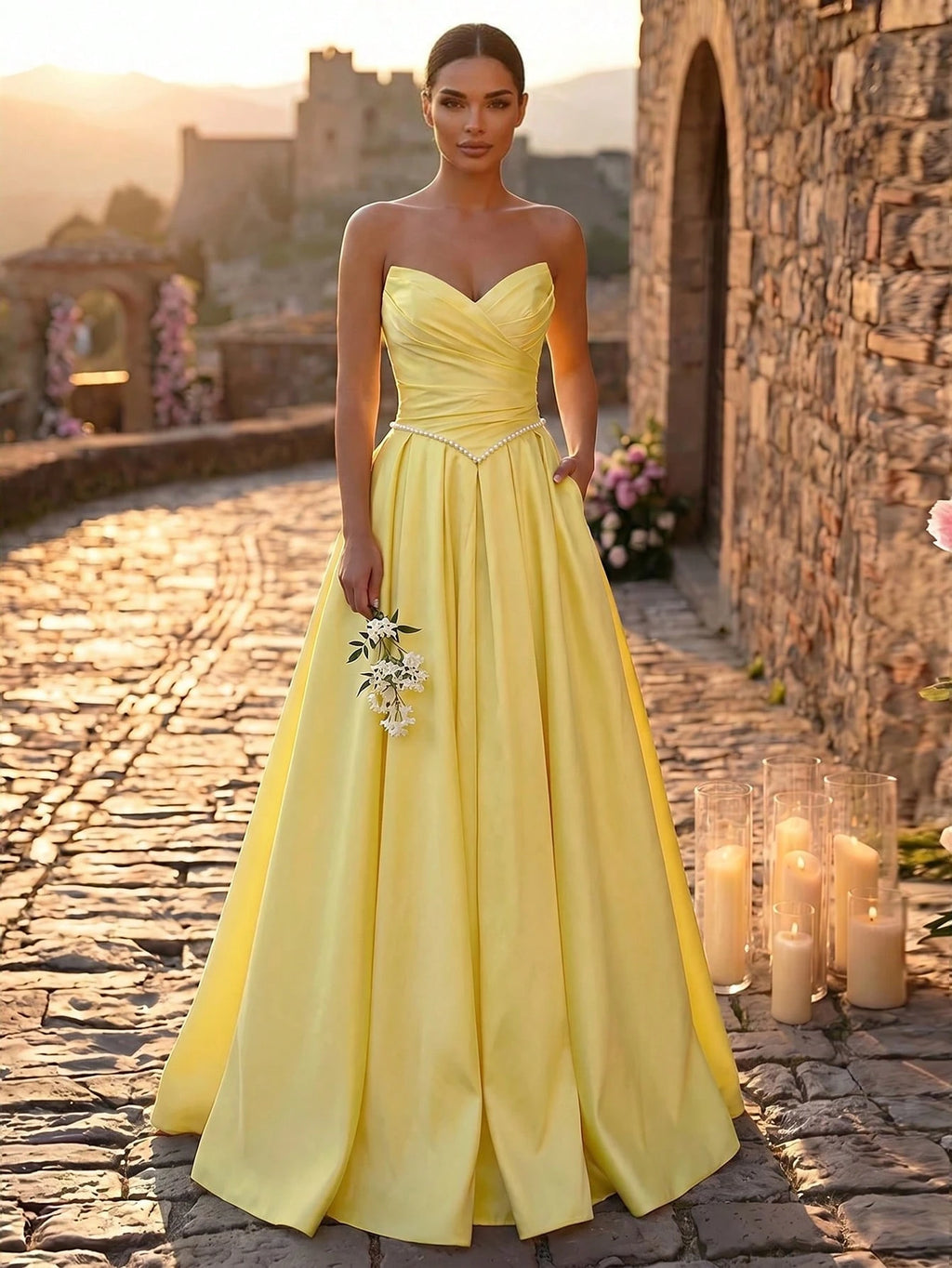 Glamrae Elegant Luxurious Satin Ruched Extra-Wide Hem Sexy Strapless Dress, Suitable For Weddings, Events, - image 19