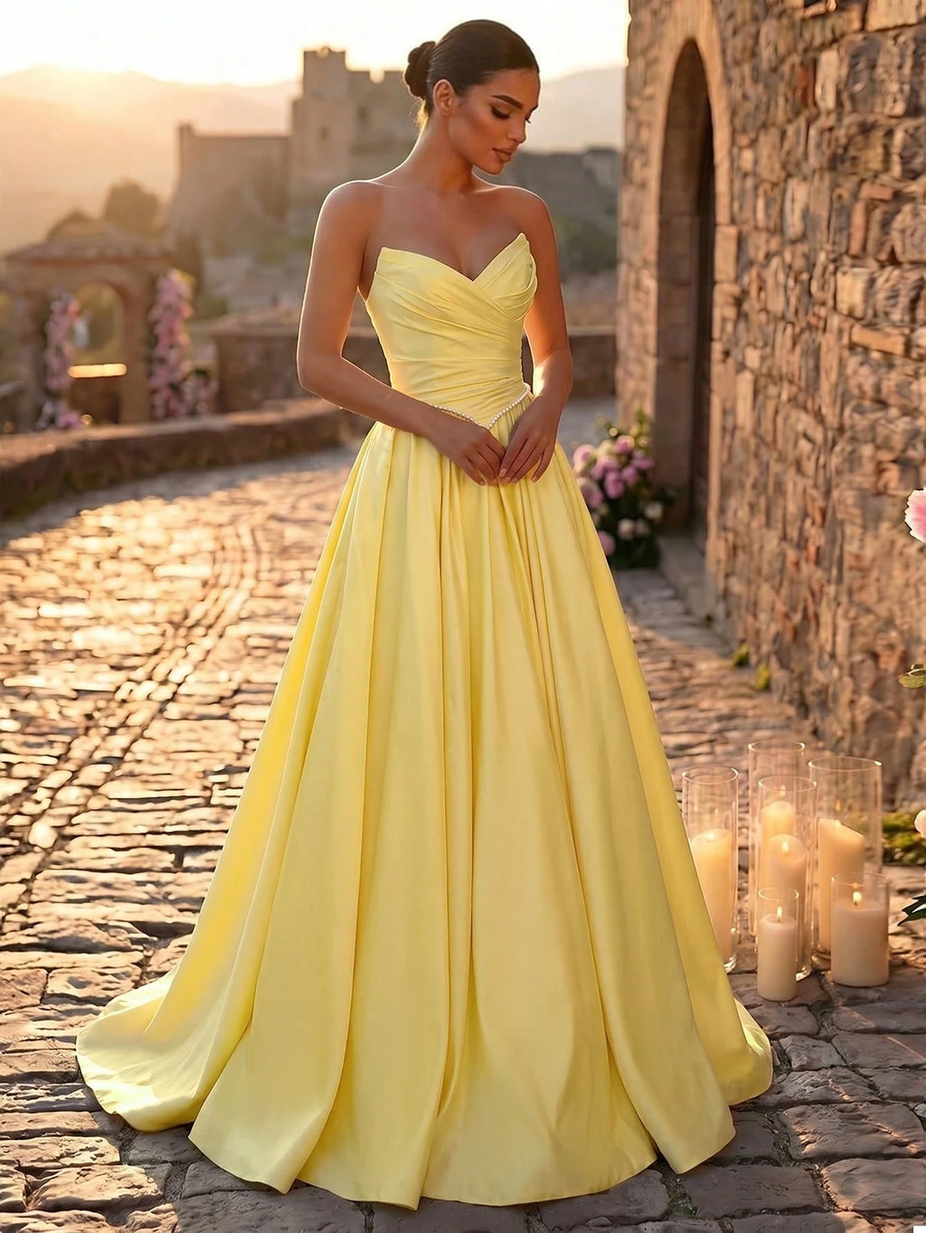 Glamrae Elegant Luxurious Satin Ruched Extra-Wide Hem Sexy Strapless Dress, Suitable For Weddings, Events, - image 20