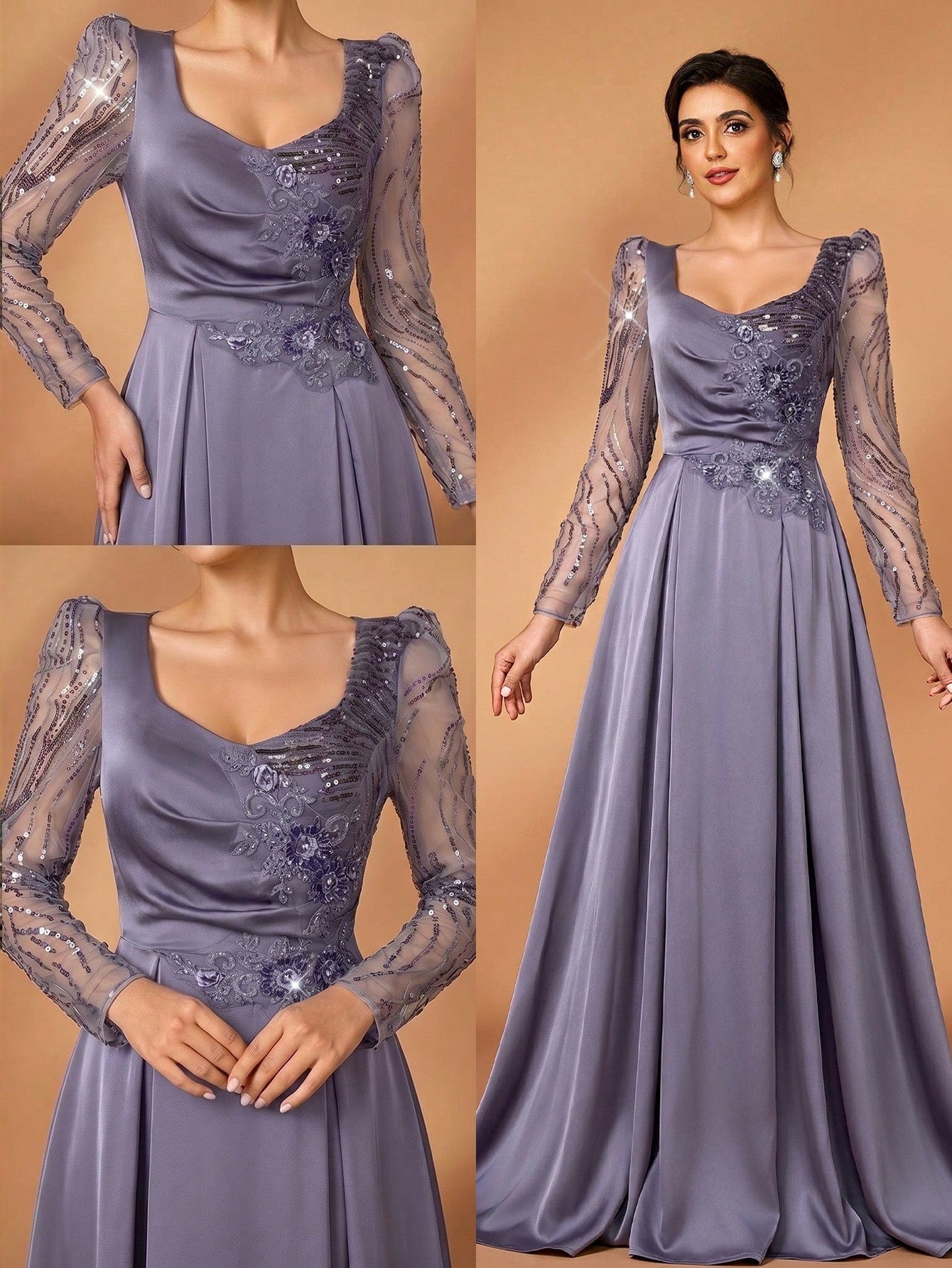 Serin Dusty Blue Spring Elegant Formal Dinner Evening Wedding Luxurious Beaded Sequin Floral Sheer Sleeve - image 9