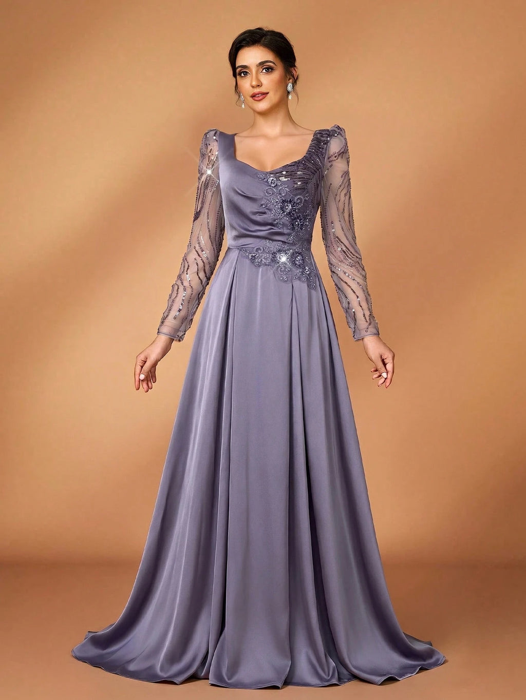Serin Dusty Blue Spring Elegant Formal Dinner Evening Wedding Luxurious Beaded Sequin Floral Sheer Sleeve - image 11