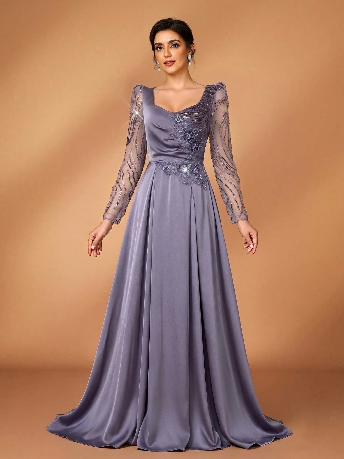 Serin Dusty Blue Spring Elegant Formal Dinner Evening Wedding Luxurious Beaded Sequin Floral Sheer Sleeve - image 11