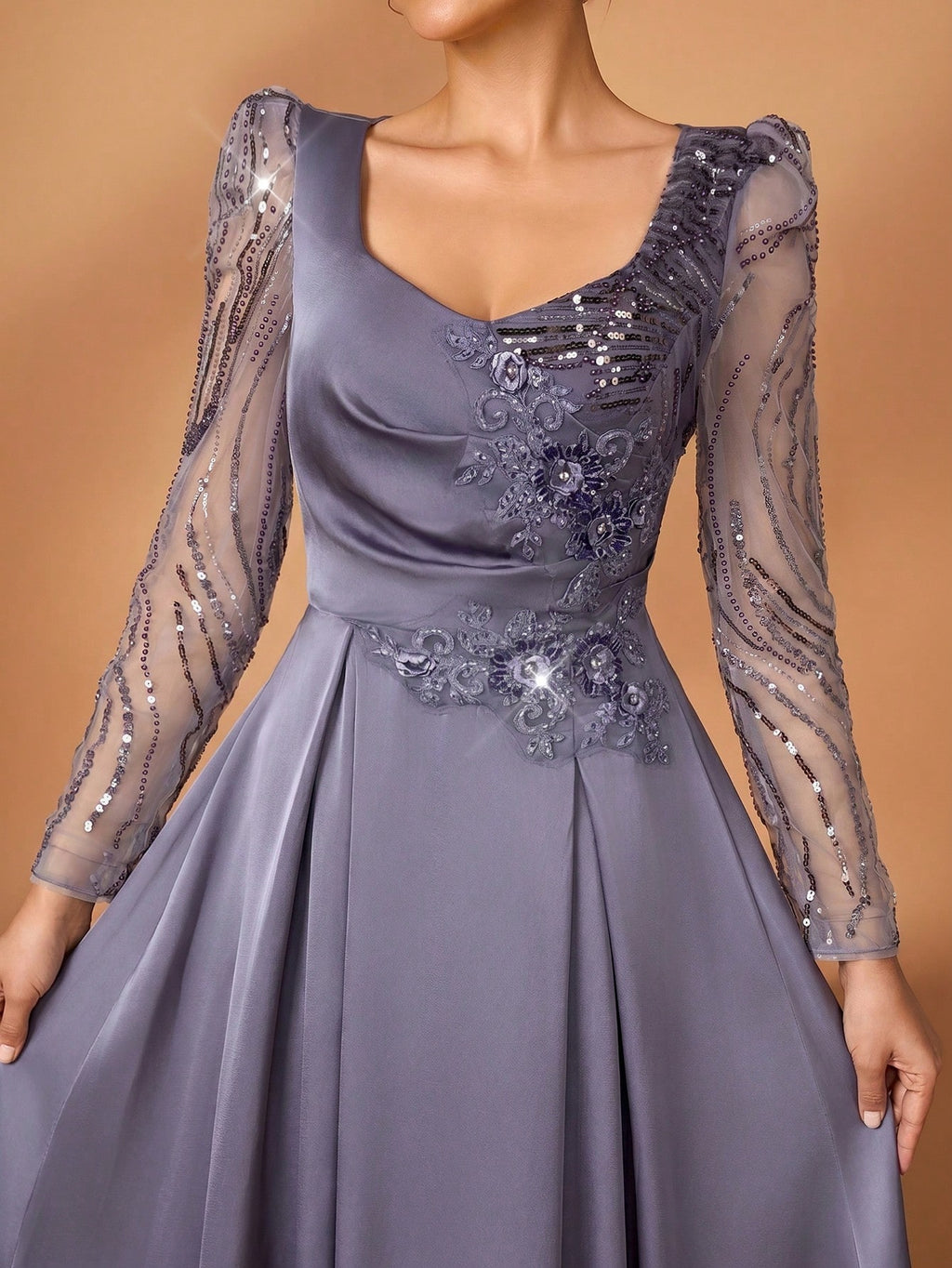 Serin Dusty Blue Spring Elegant Formal Dinner Evening Wedding Luxurious Beaded Sequin Floral Sheer Sleeve - image 12