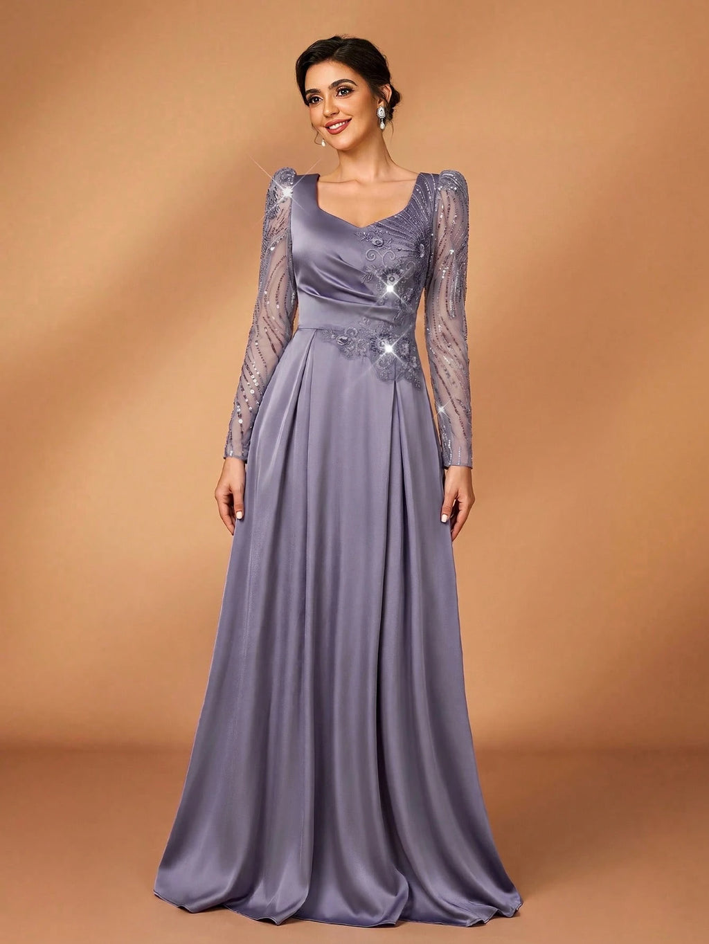 Serin Dusty Blue Spring Elegant Formal Dinner Evening Wedding Luxurious Beaded Sequin Floral Sheer Sleeve - image 13