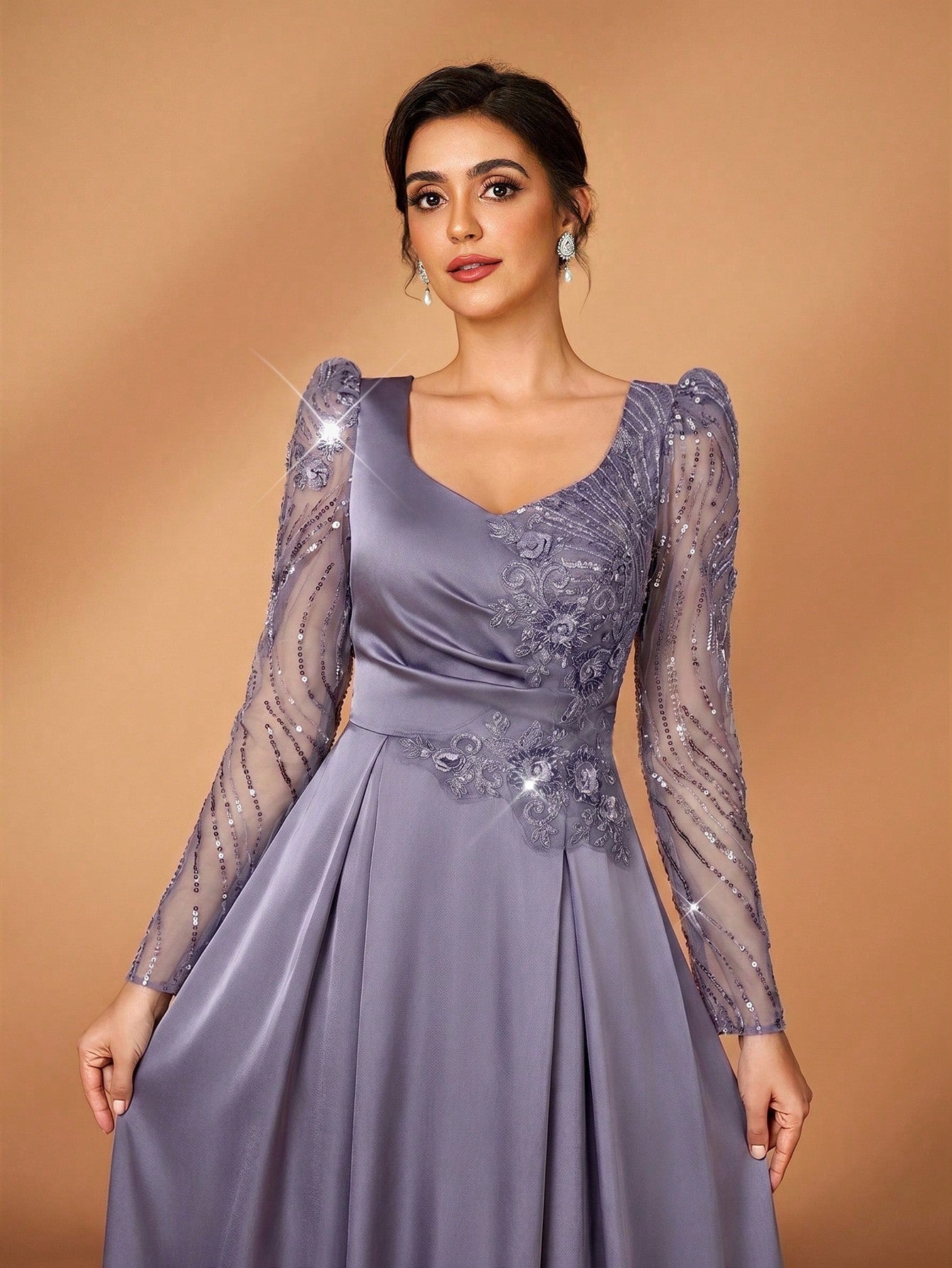 Serin Dusty Blue Spring Elegant Formal Dinner Evening Wedding Luxurious Beaded Sequin Floral Sheer Sleeve - image 14