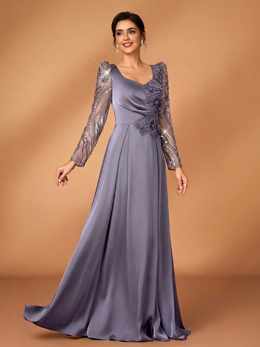 Serin Dusty Blue Spring Elegant Formal Dinner Evening Wedding Luxurious Beaded Sequin Floral Sheer Sleeve - image 15