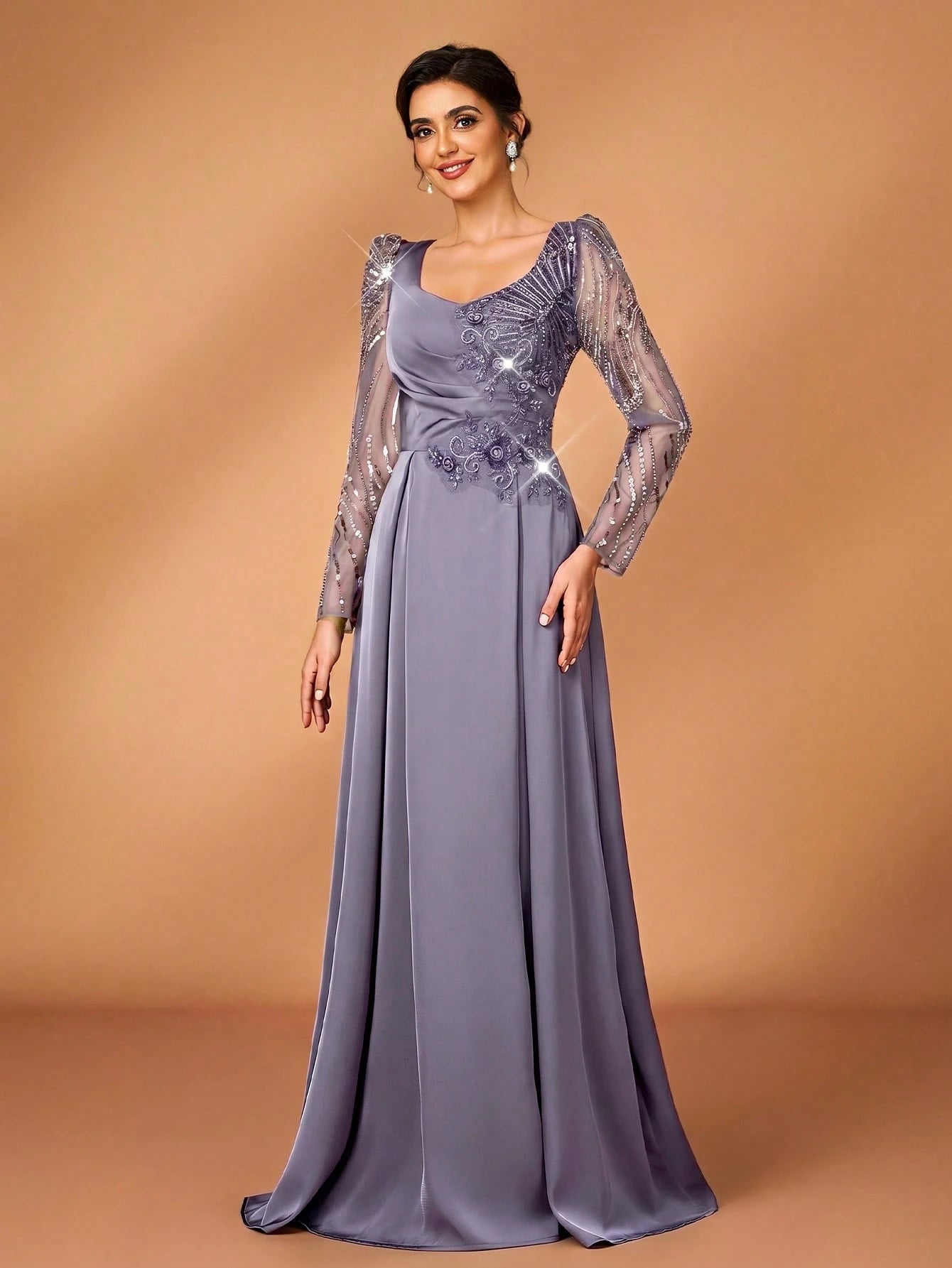 Serin Dusty Blue Spring Elegant Formal Dinner Evening Wedding Luxurious Beaded Sequin Floral Sheer Sleeve - image 16