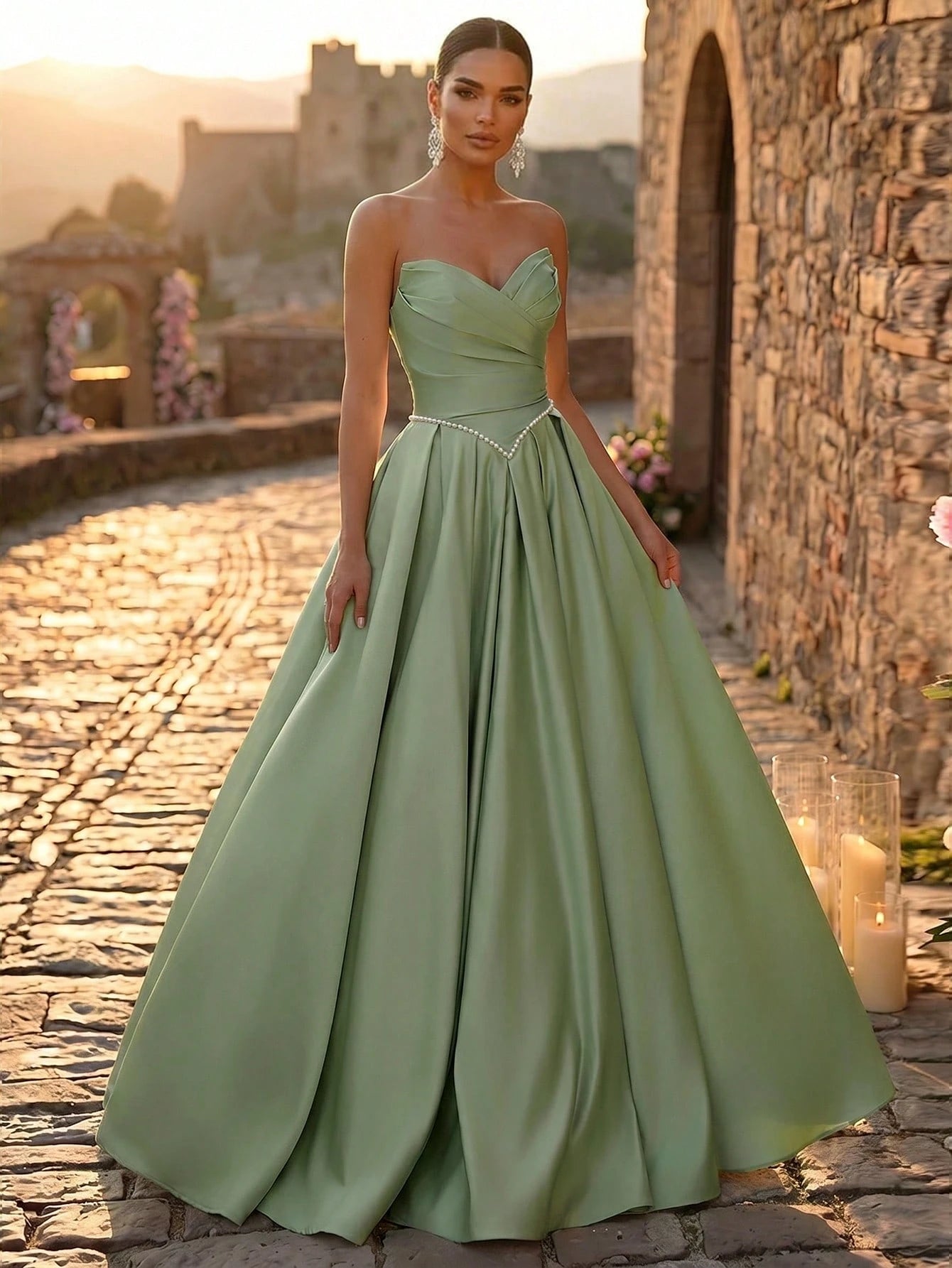 Glamrae Elegant Luxurious Satin Ruched Extra-Wide Hem Sexy Strapless Dress, Suitable For Weddings, Events, - image 11