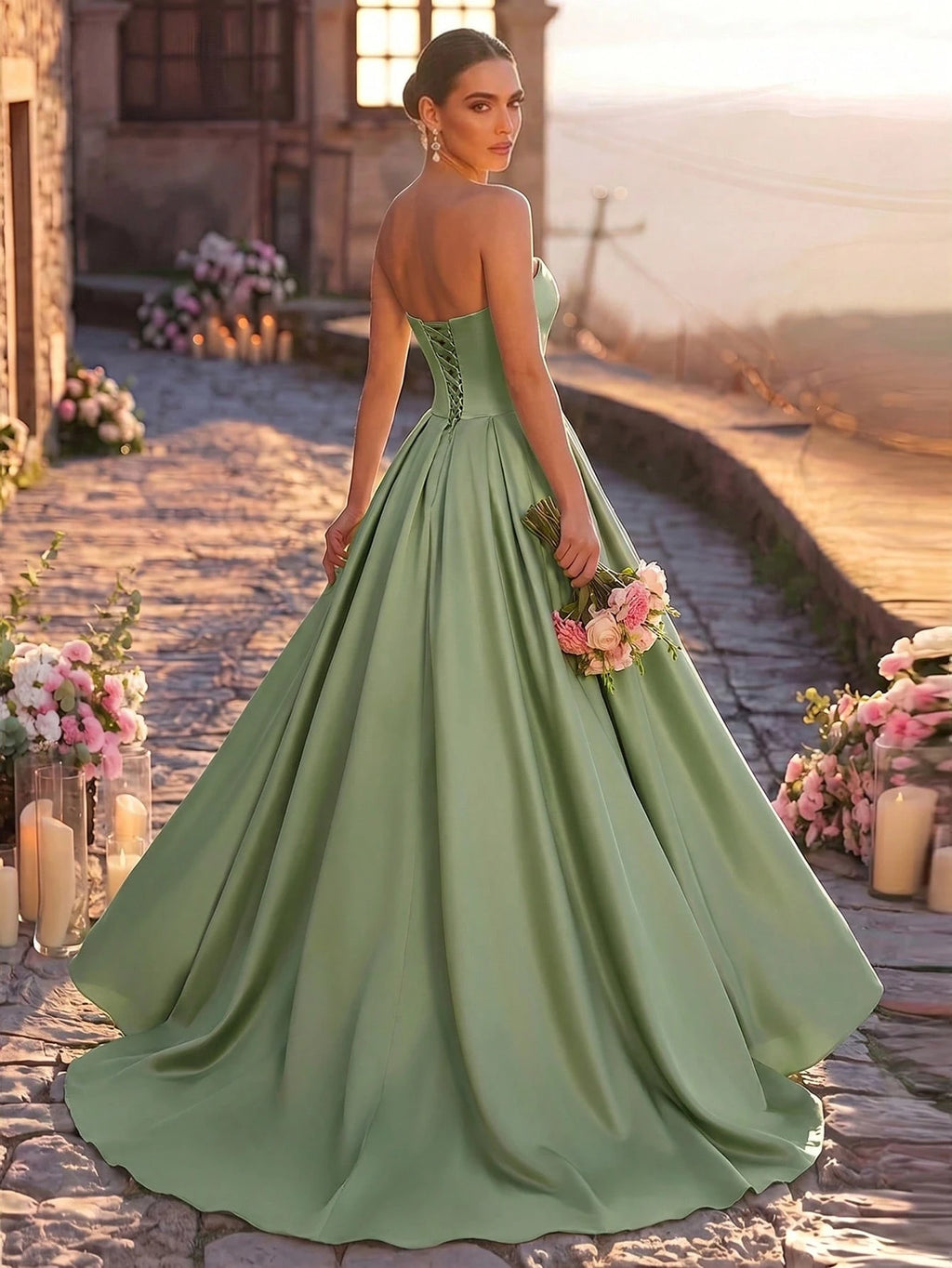 Glamrae Elegant Luxurious Satin Ruched Extra-Wide Hem Sexy Strapless Dress, Suitable For Weddings, Events, - image 12