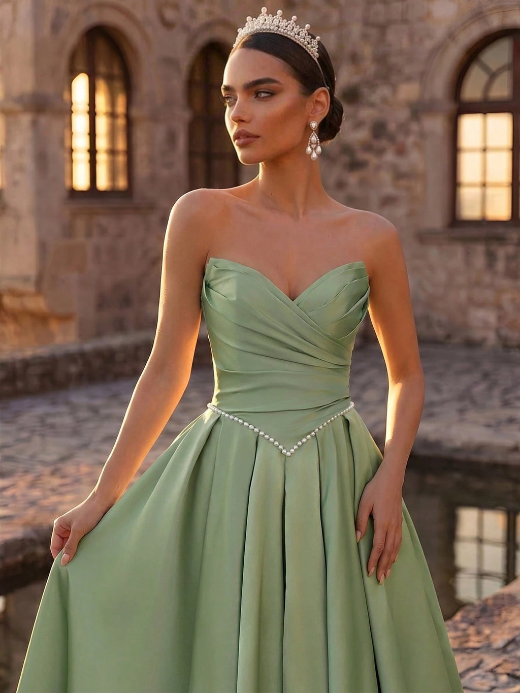 Glamrae Elegant Luxurious Satin Ruched Extra-Wide Hem Sexy Strapless Dress, Suitable For Weddings, Events, - image 13